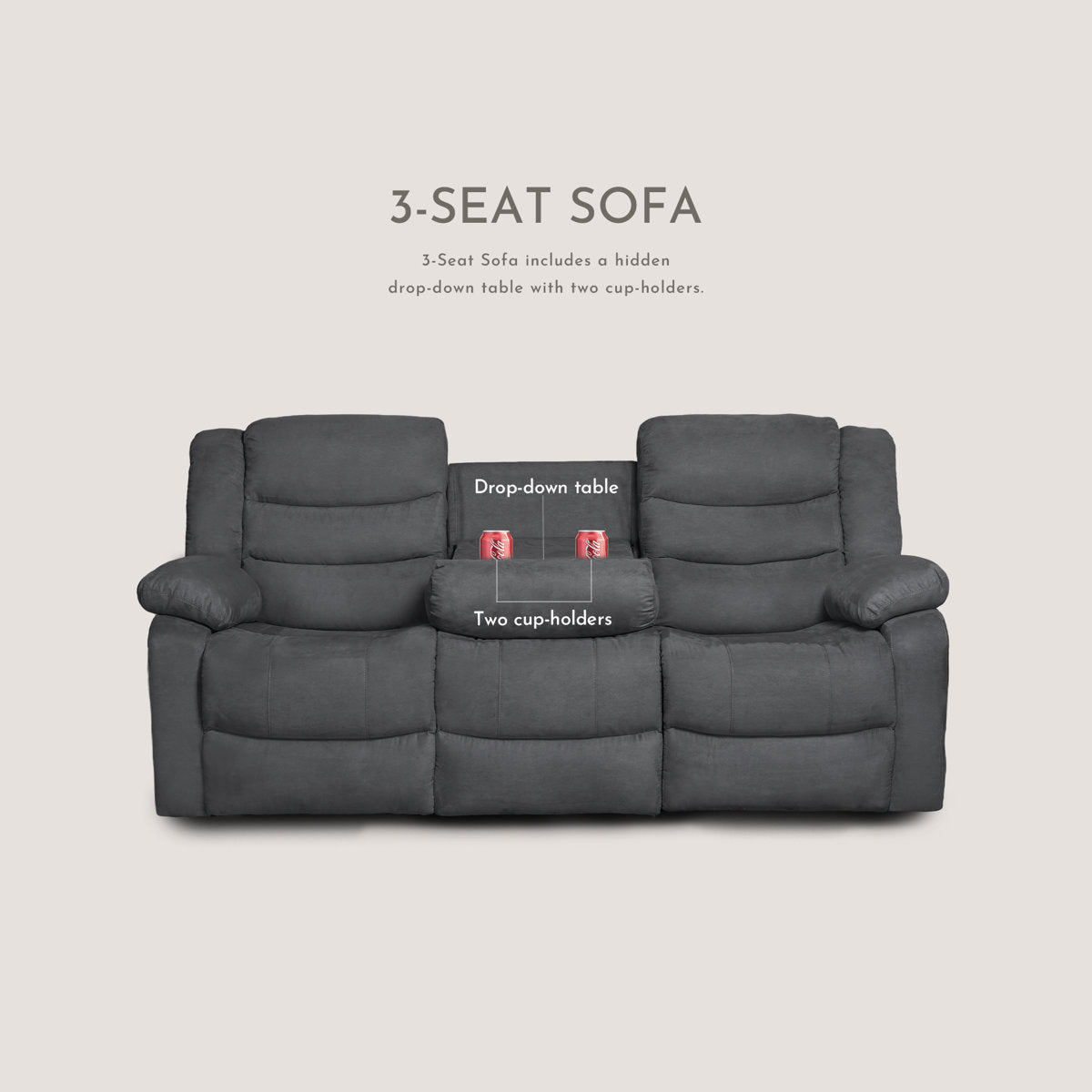 3-Piece Fabric Reclining Sofa Set, 5 Manual Recliners, Drop Down Table with Cup Holders