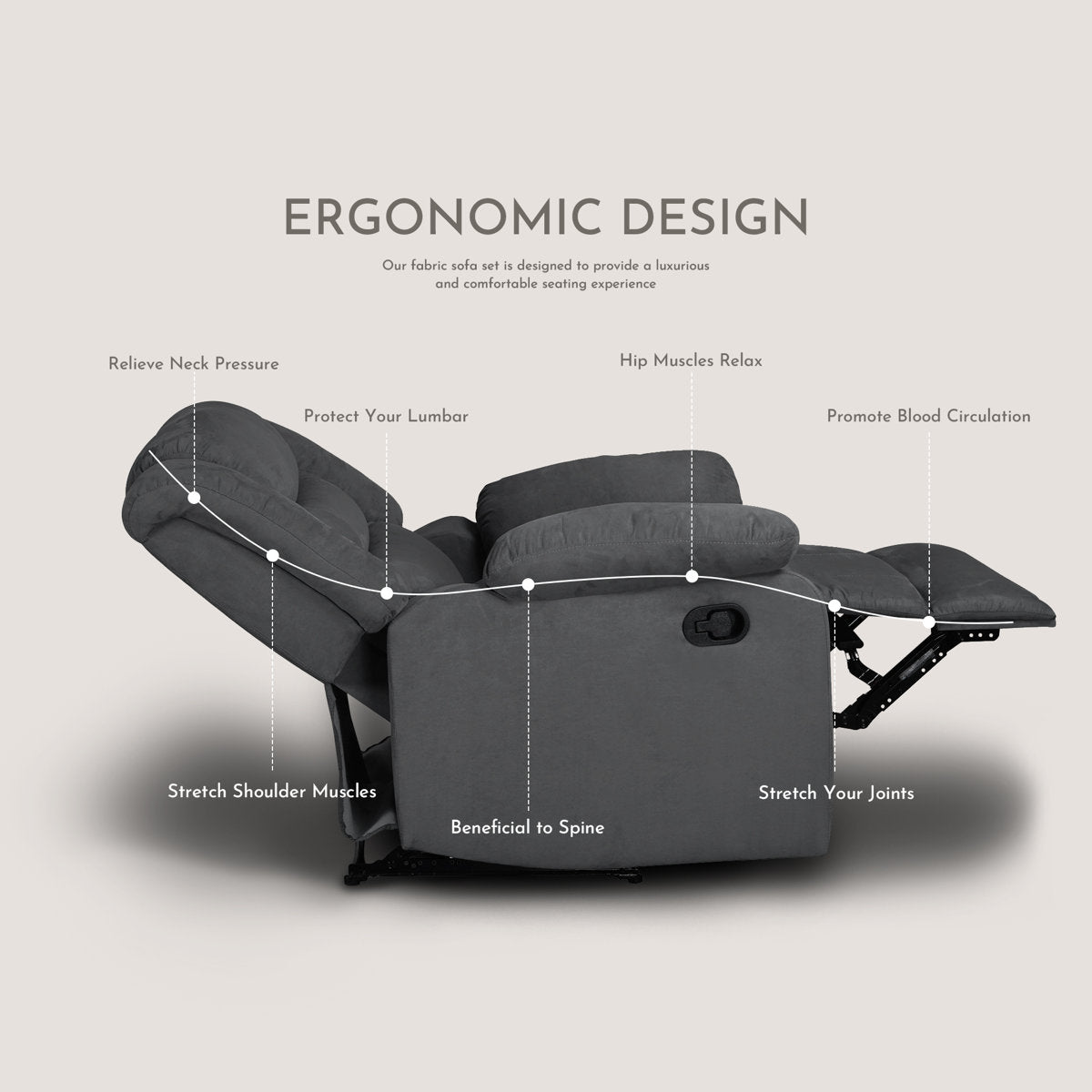 3-Piece Fabric Reclining Sofa Set, 5 Manual Recliners, Drop Down Table with Cup Holders