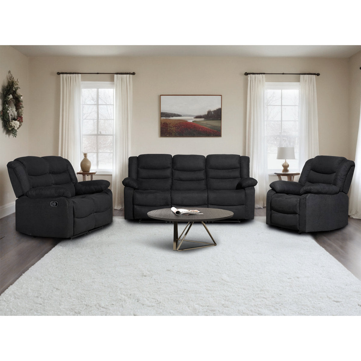 3-Piece Fabric Reclining Sofa Set, 5 Manual Recliners, Drop Down Table with Cup Holders