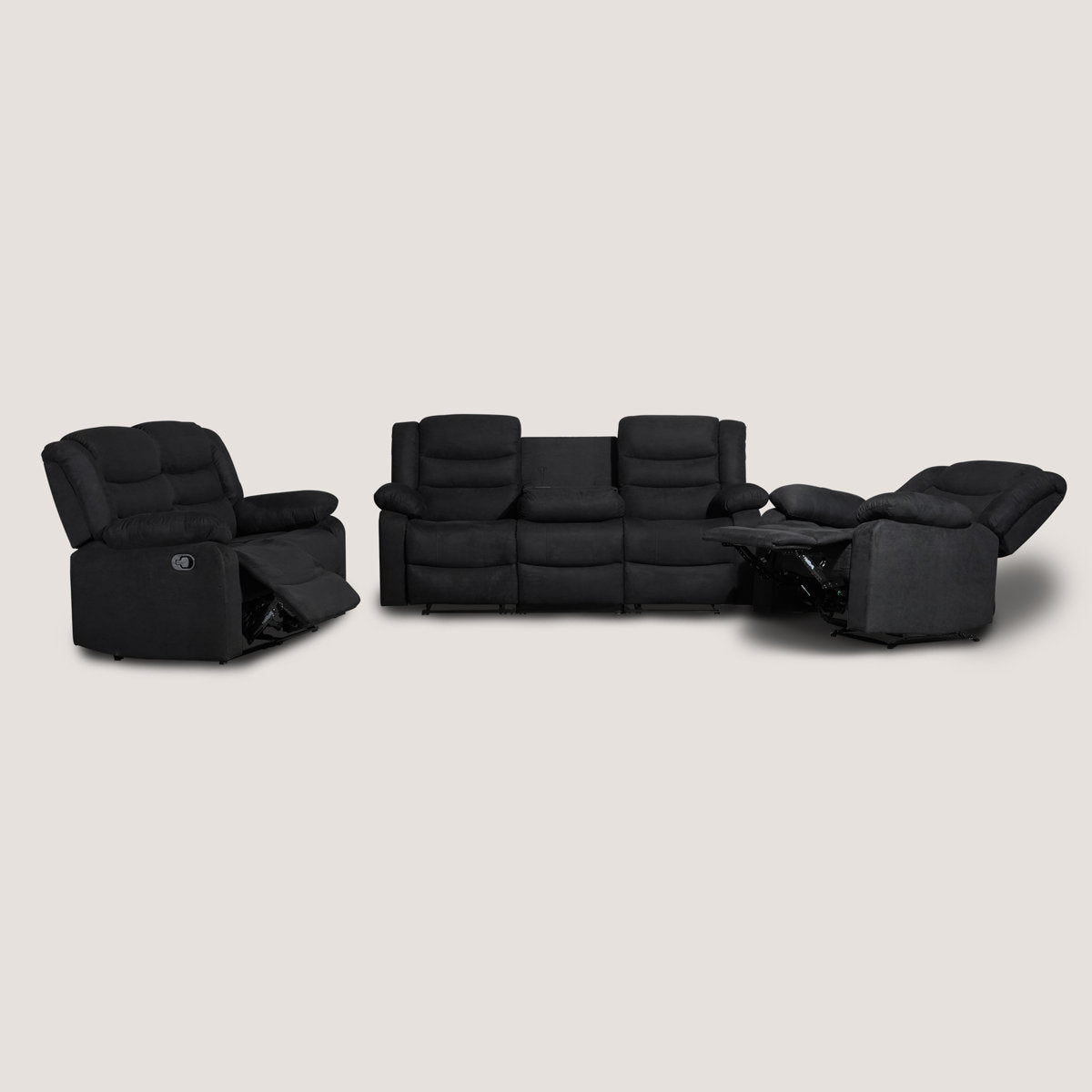 3-Piece Fabric Reclining Sofa Set, 5 Manual Recliners, Drop Down Table with Cup Holders