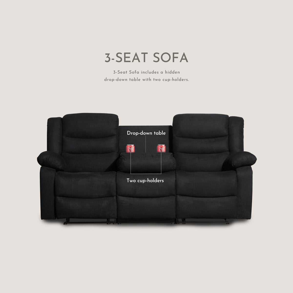 3-Piece Fabric Reclining Sofa Set, 5 Manual Recliners, Drop Down Table with Cup Holders