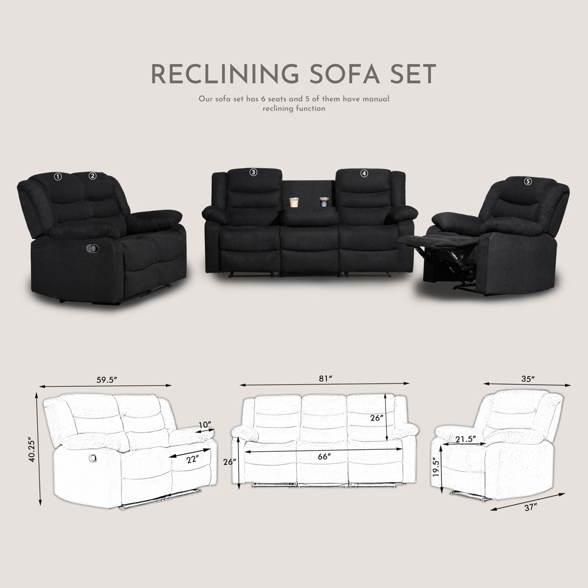 3-Piece Fabric Reclining Sofa Set, 5 Manual Recliners, Drop Down Table with Cup Holders