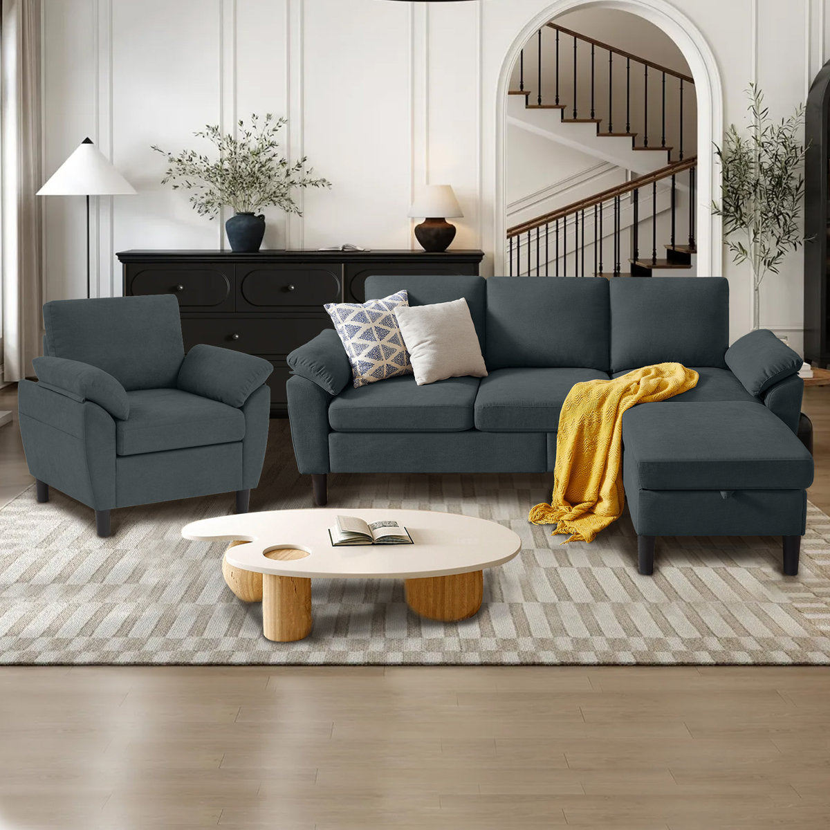 3-Piece Living Room Sectional Sofa Set with Chair and Ottoman