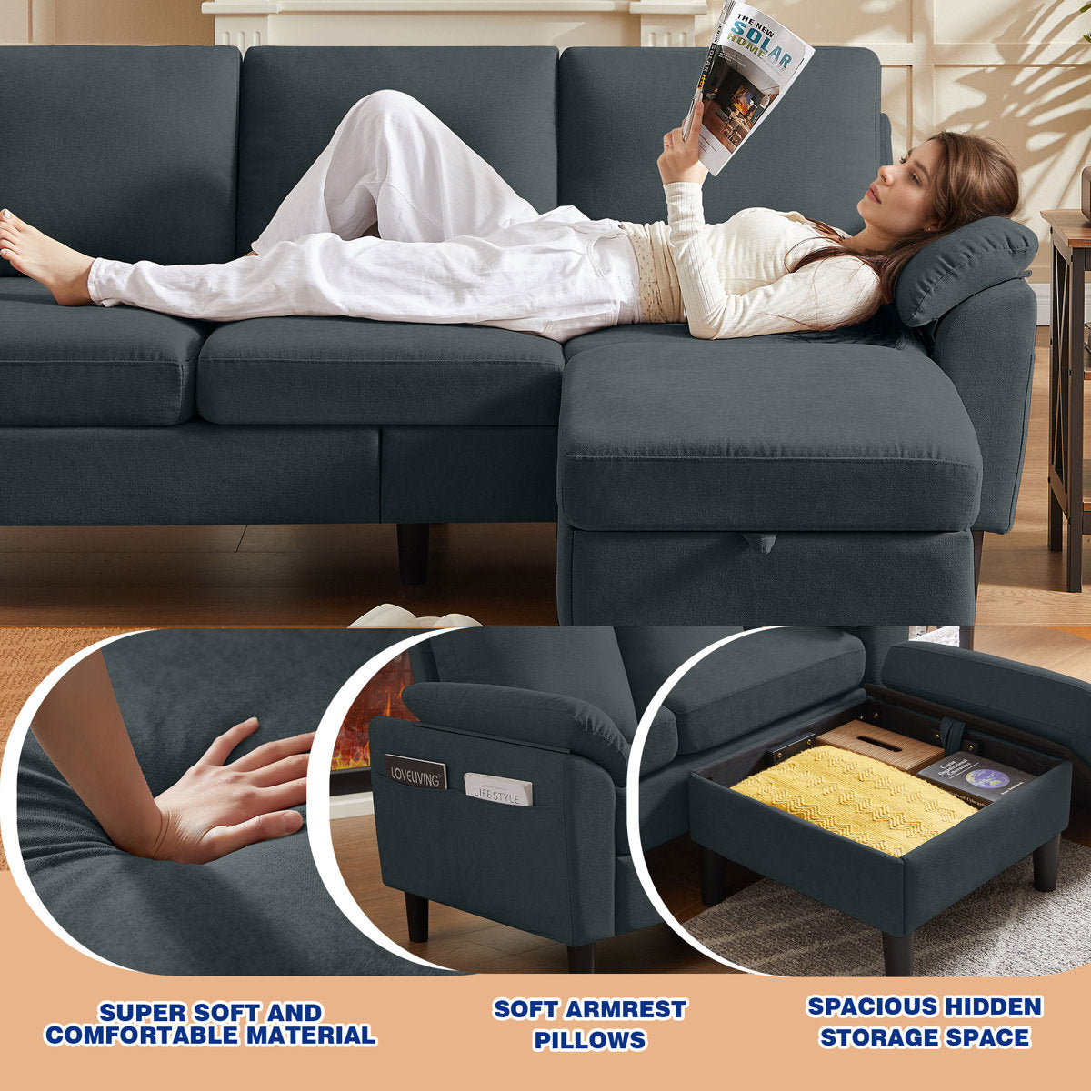 3-Piece Living Room Sectional Sofa Set with Chair and Ottoman