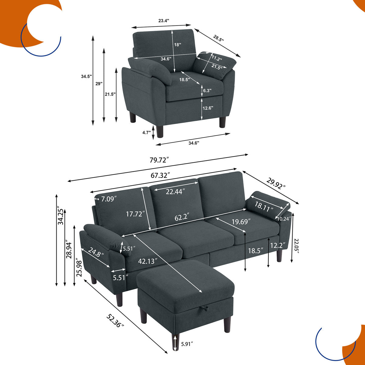 3-Piece Living Room Sectional Sofa Set with Chair and Ottoman