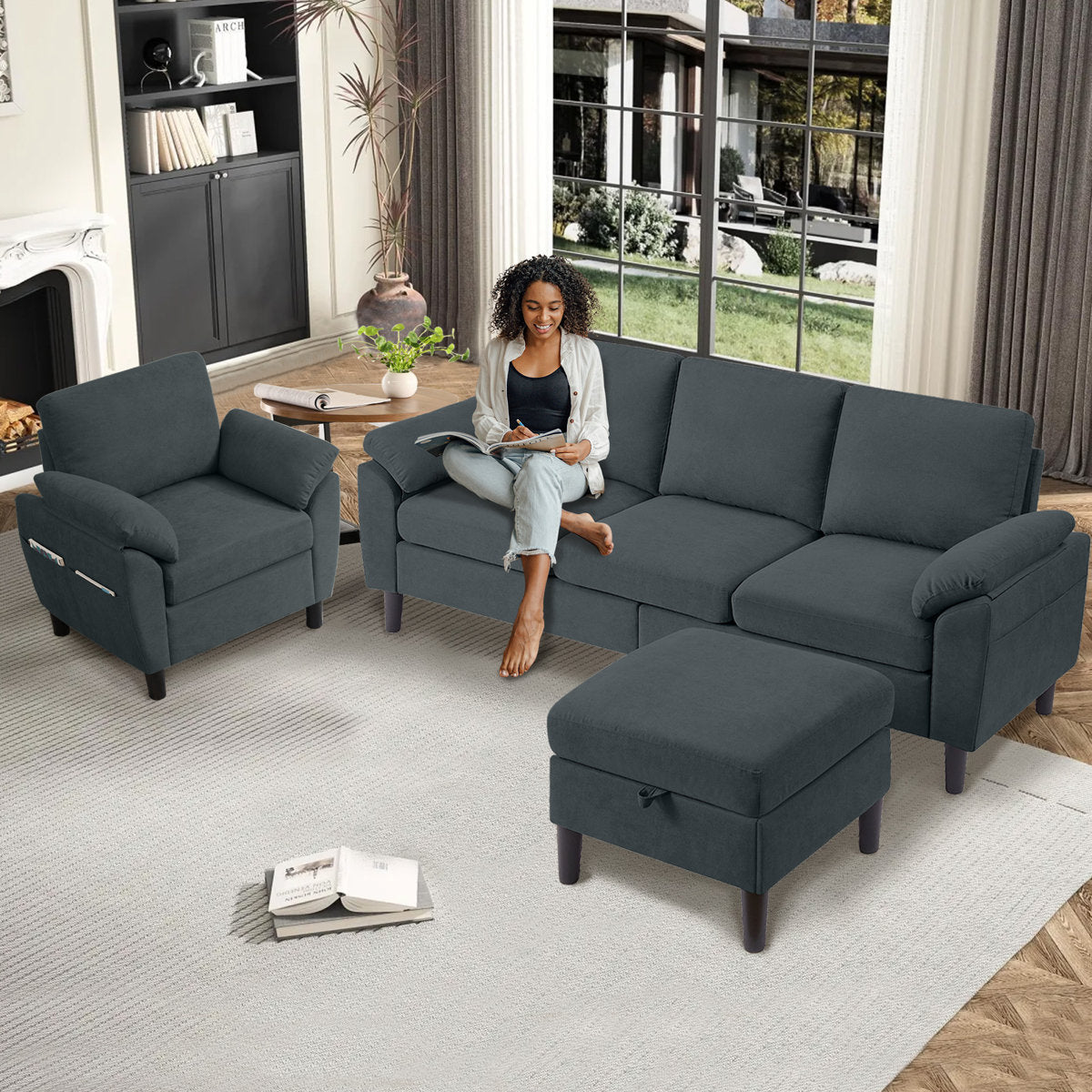 3-Piece Living Room Sectional Sofa Set with Chair and Ottoman