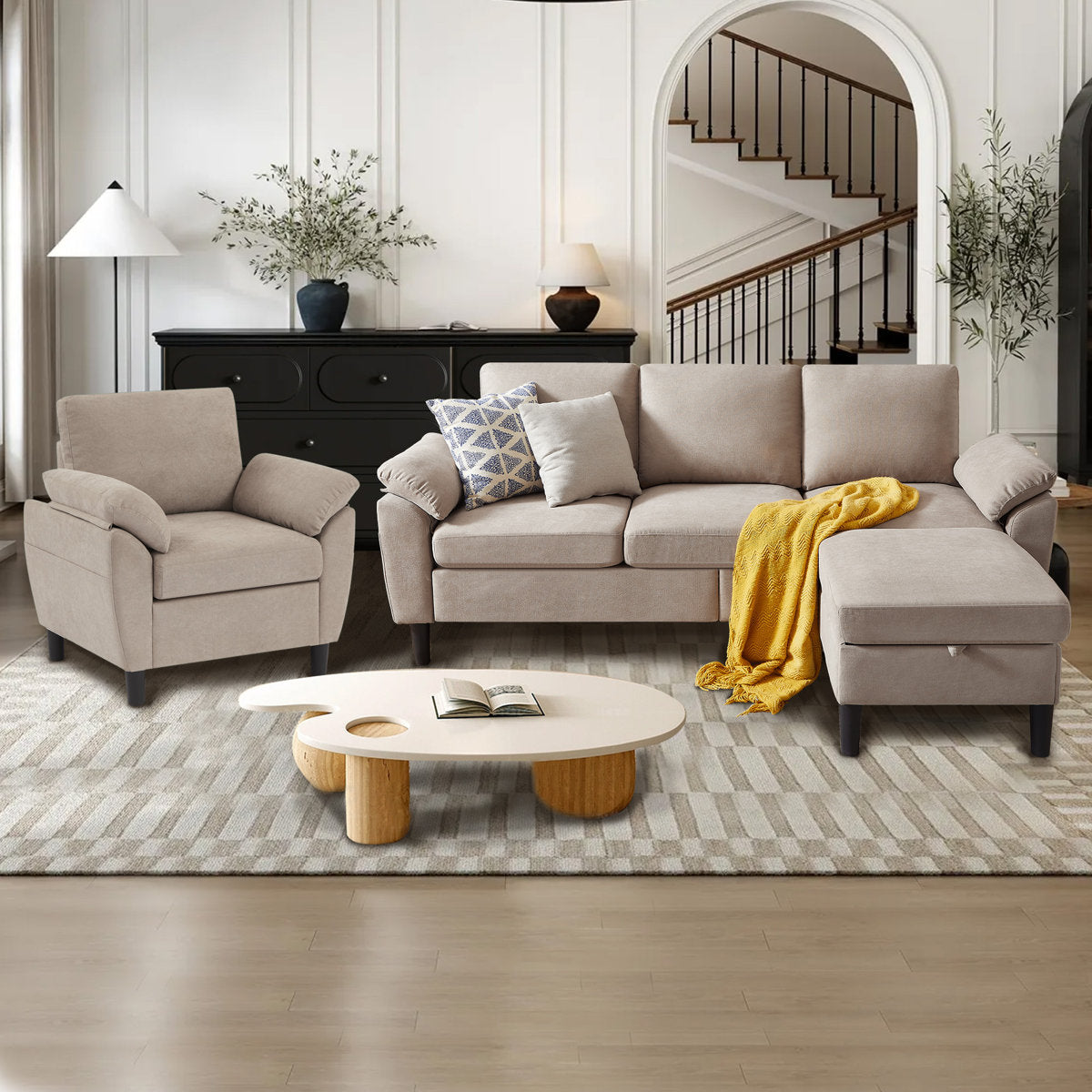 3-Piece Living Room Sectional Sofa Set with Chair and Ottoman