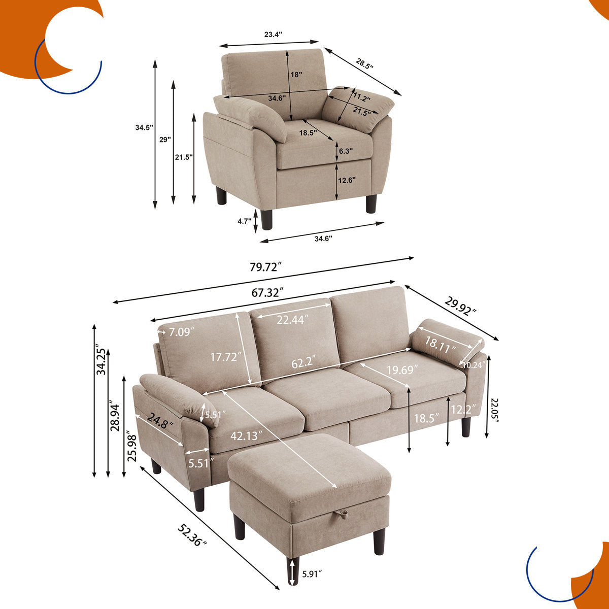 3-Piece Living Room Sectional Sofa Set with Chair and Ottoman