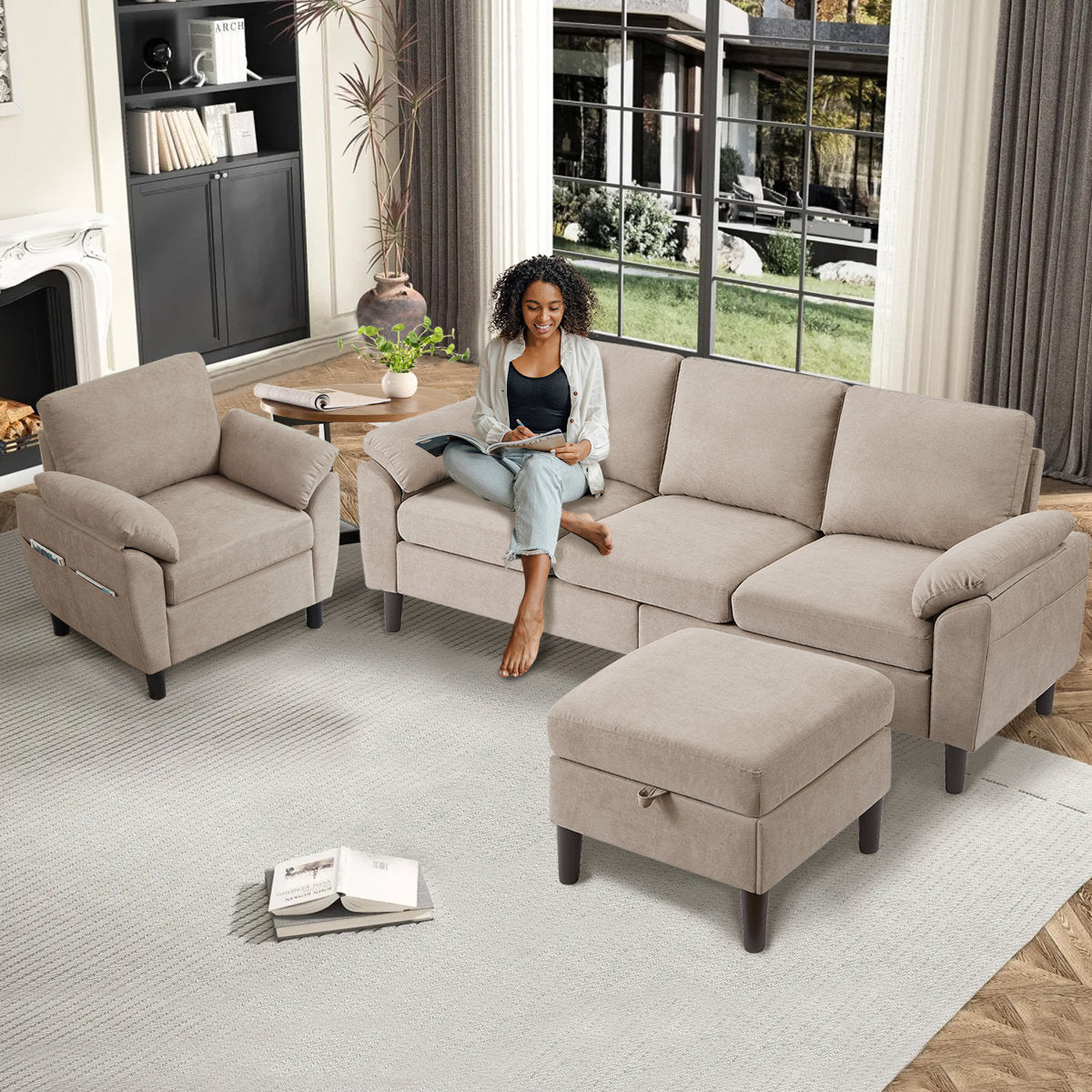 3-Piece Living Room Sectional Sofa Set with Chair and Ottoman