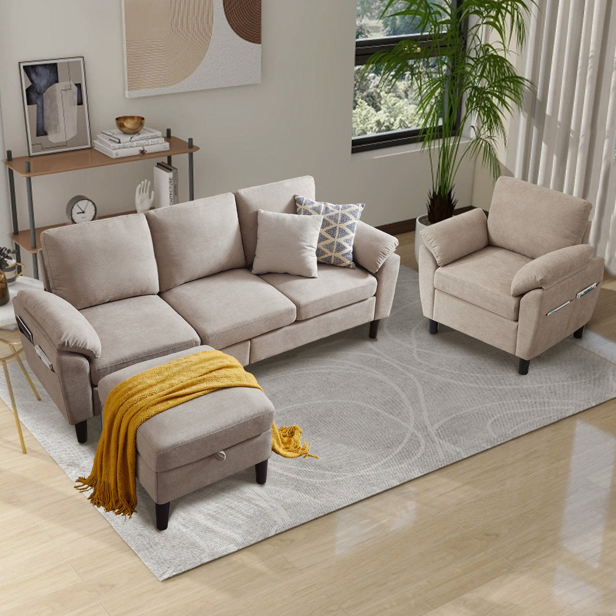 3-Piece Living Room Sectional Sofa Set with Chair and Ottoman