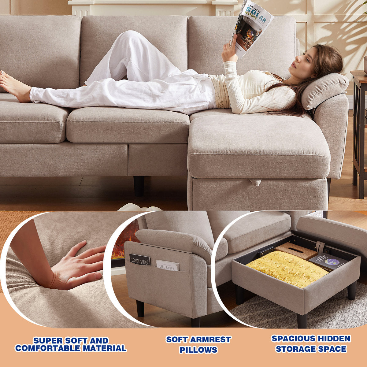 3-Piece Living Room Sectional Sofa Set with Chair and Ottoman