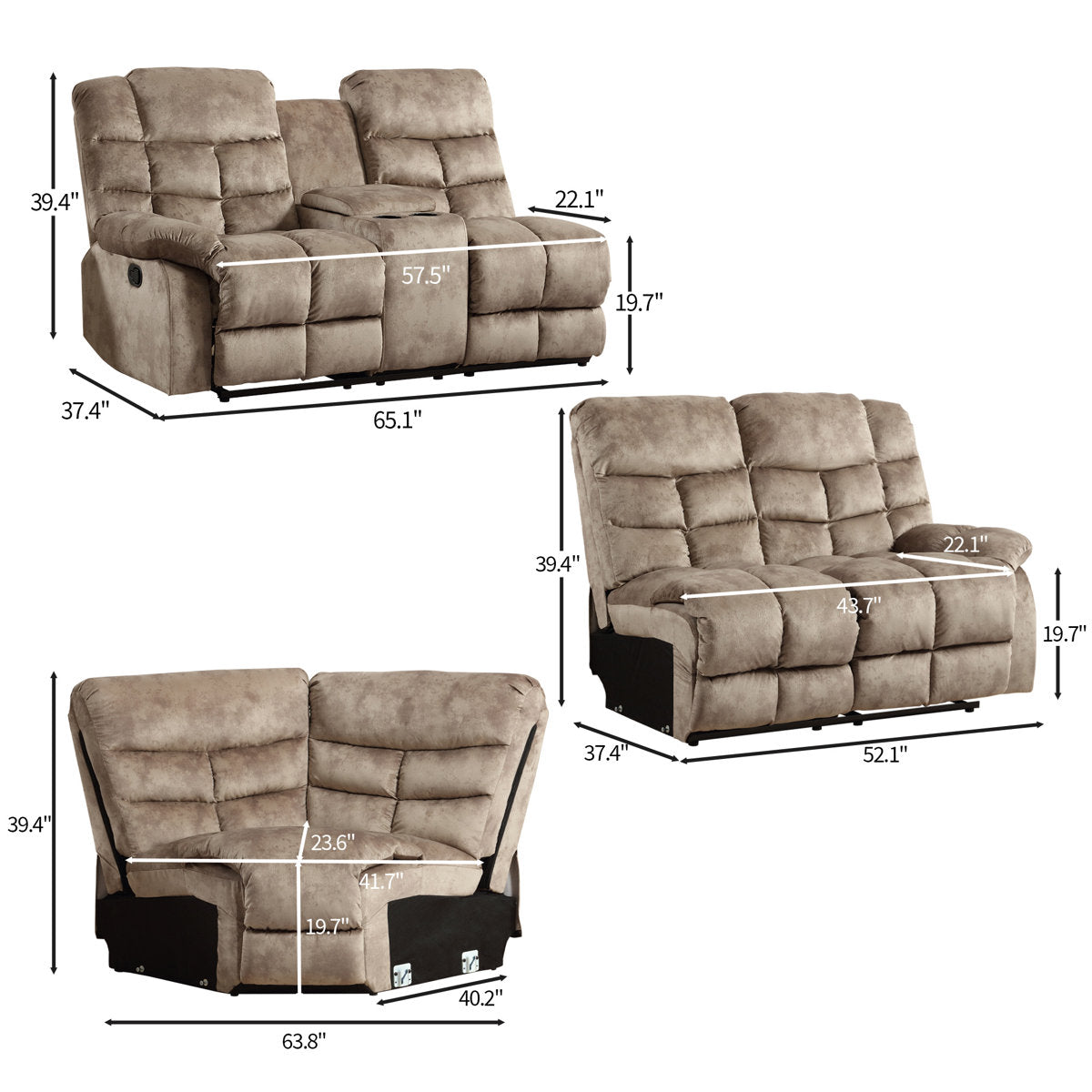 3-Piece Modern And Upholstered Soft Manual Reclining Sectional With Cupholders And Storage