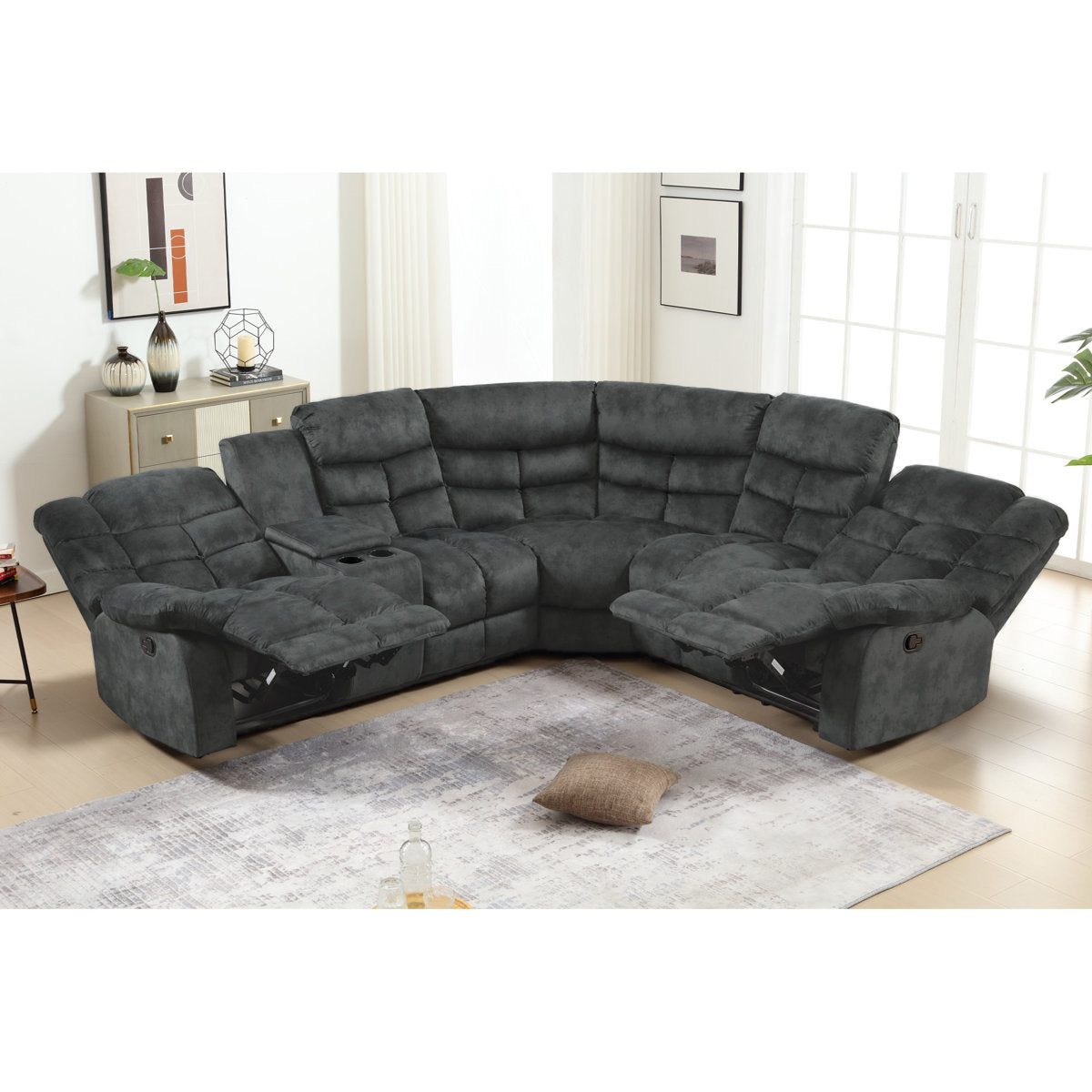 3-Piece Modern And Upholstered Soft Manual Reclining Sectional With Cupholders And Storage