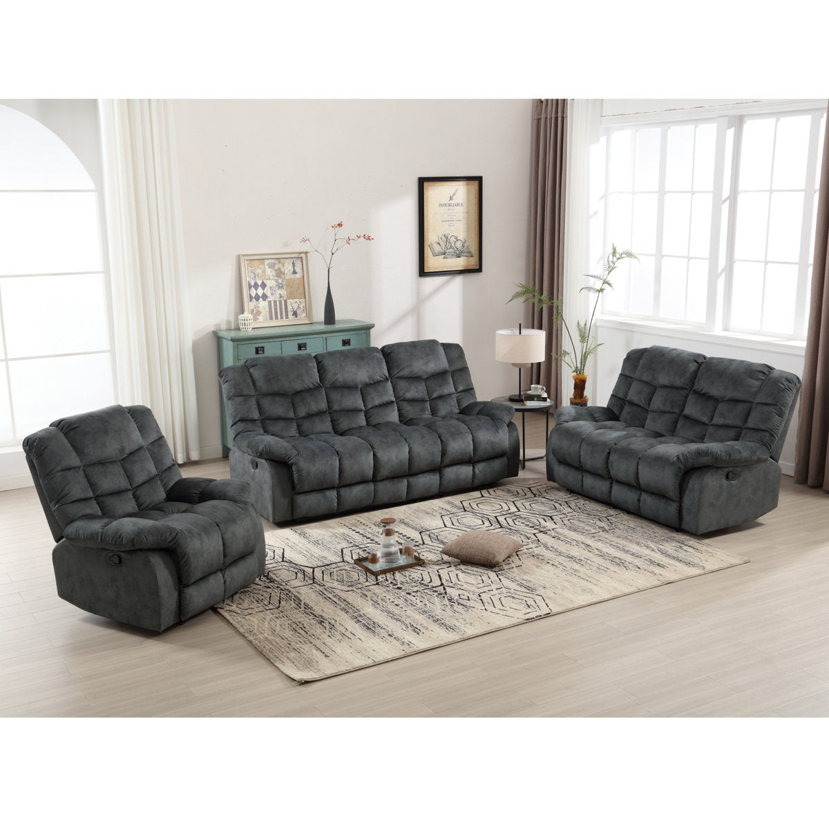 3-Piece Modern and Overstuffed Soft Manual Reclining Living Room Set