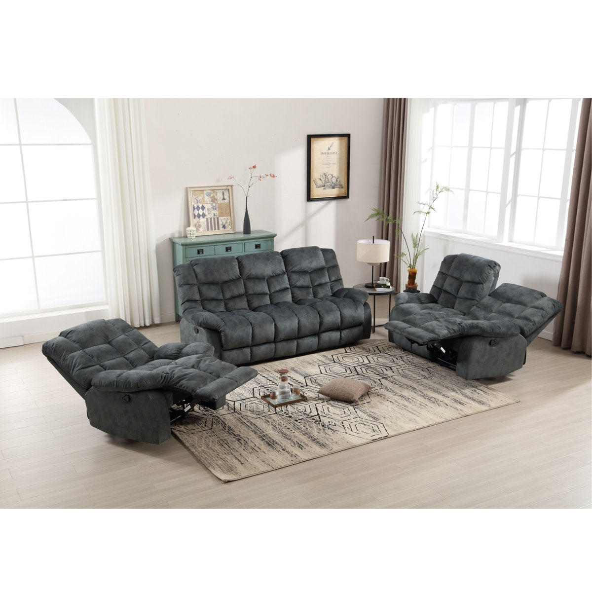 3-Piece Modern and Overstuffed Soft Manual Reclining Living Room Set