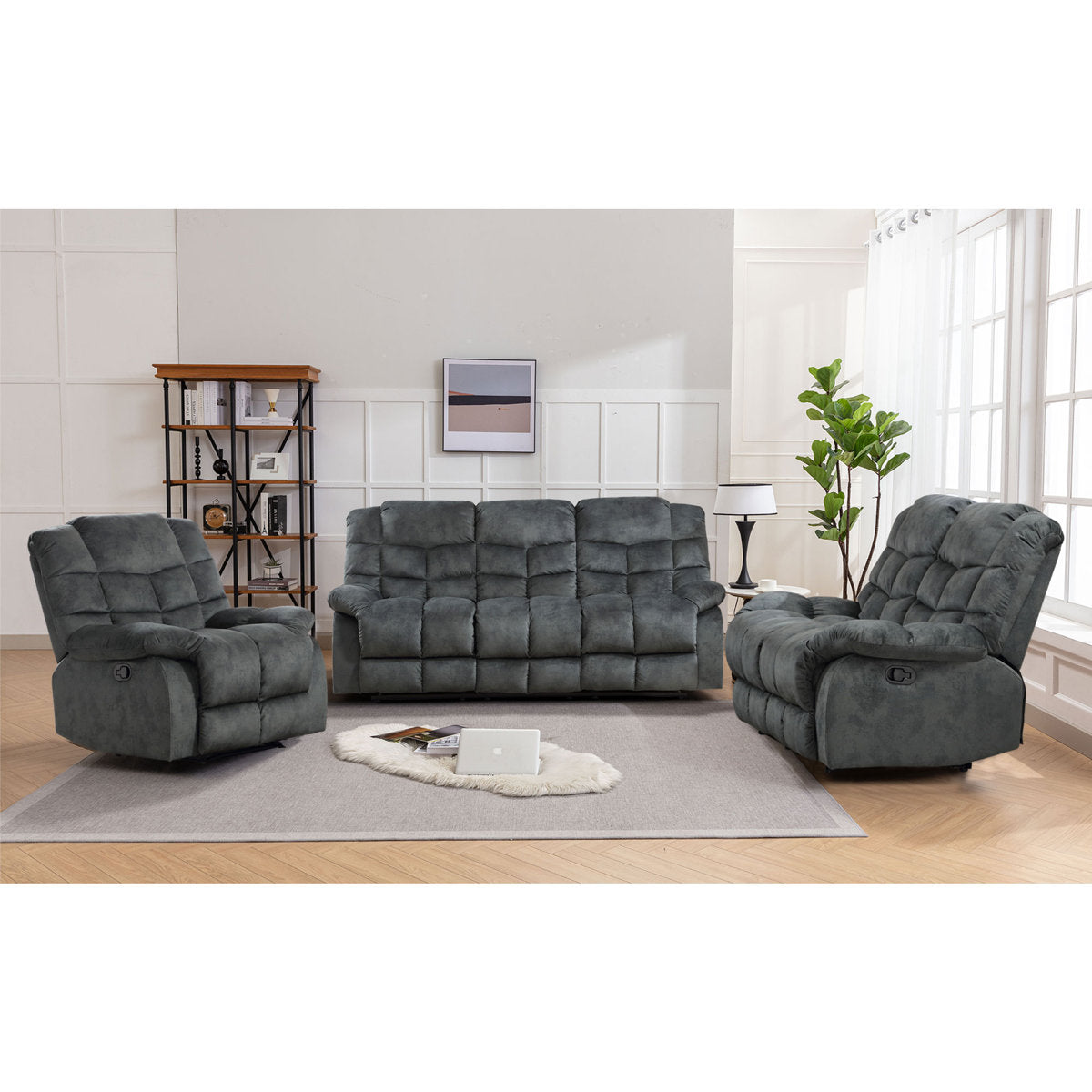 3-Piece Modern and Overstuffed Soft Manual Reclining Living Room Set
