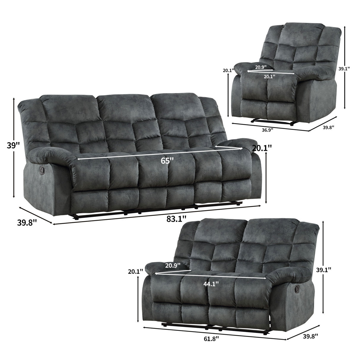 3-Piece Modern and Overstuffed Soft Manual Reclining Living Room Set
