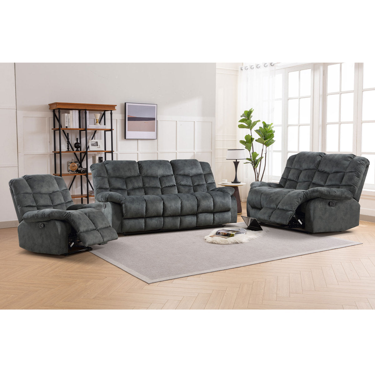 3-Piece Modern and Overstuffed Soft Manual Reclining Living Room Set