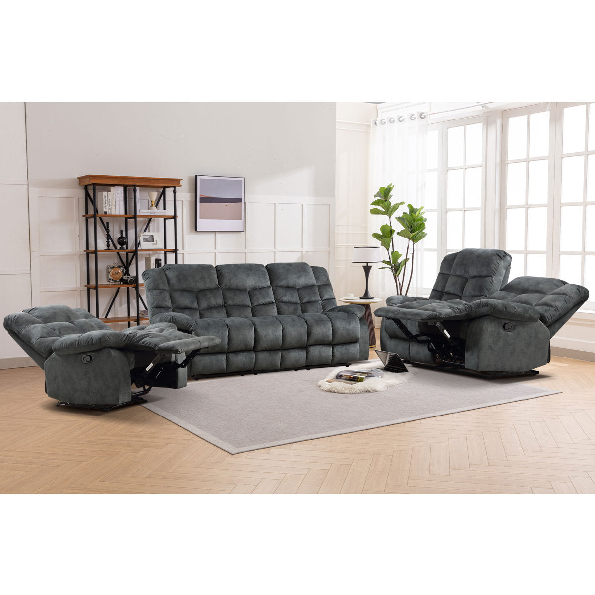 3-Piece Modern and Overstuffed Soft Manual Reclining Living Room Set