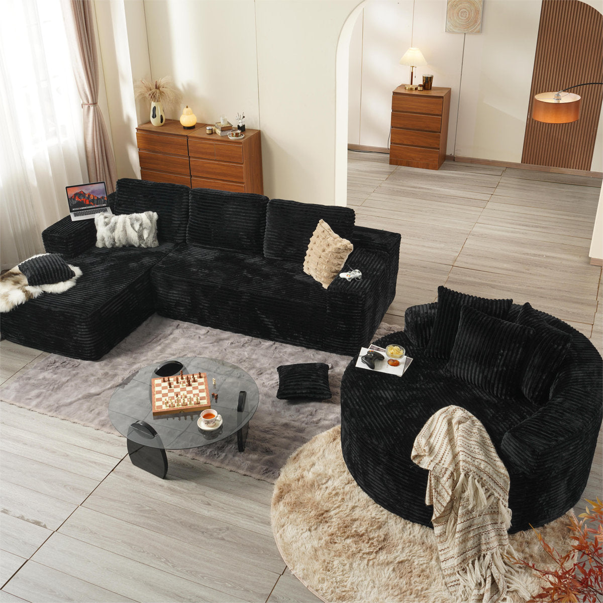 3-Piece No-Assembly Living Room Set, Modern Sectional Sofa With Loveseat And Chaise Lounge