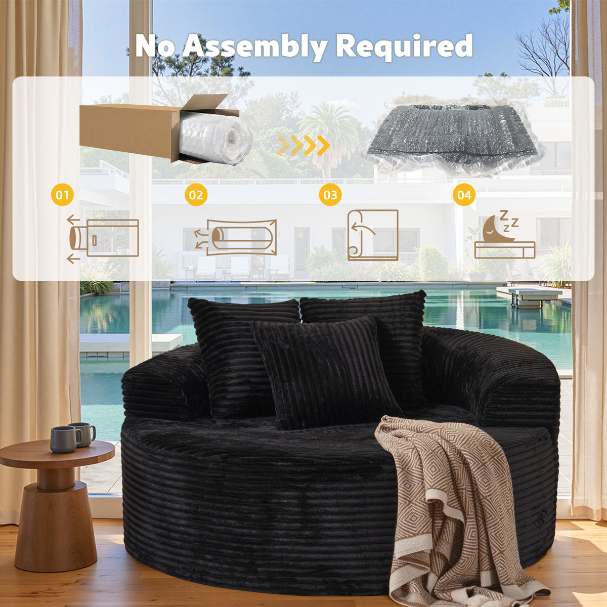 3-Piece No-Assembly Living Room Set, Modern Sectional Sofa With Loveseat And Chaise Lounge