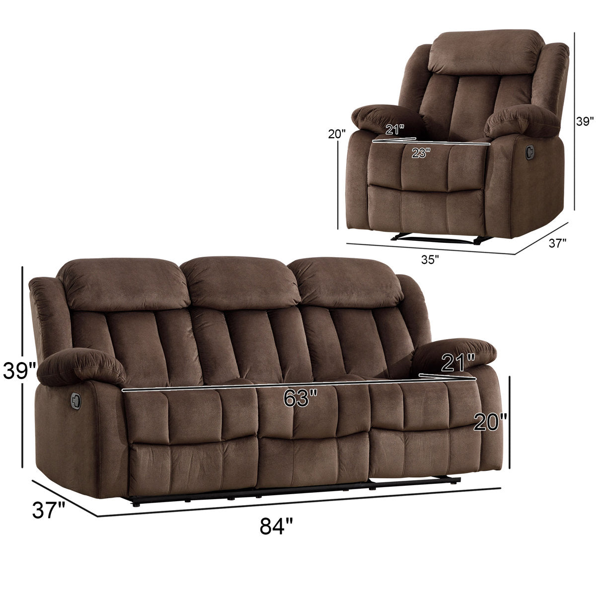 3 - Piece Manual Reclining Living Room Set, Couch Sets With Recliners