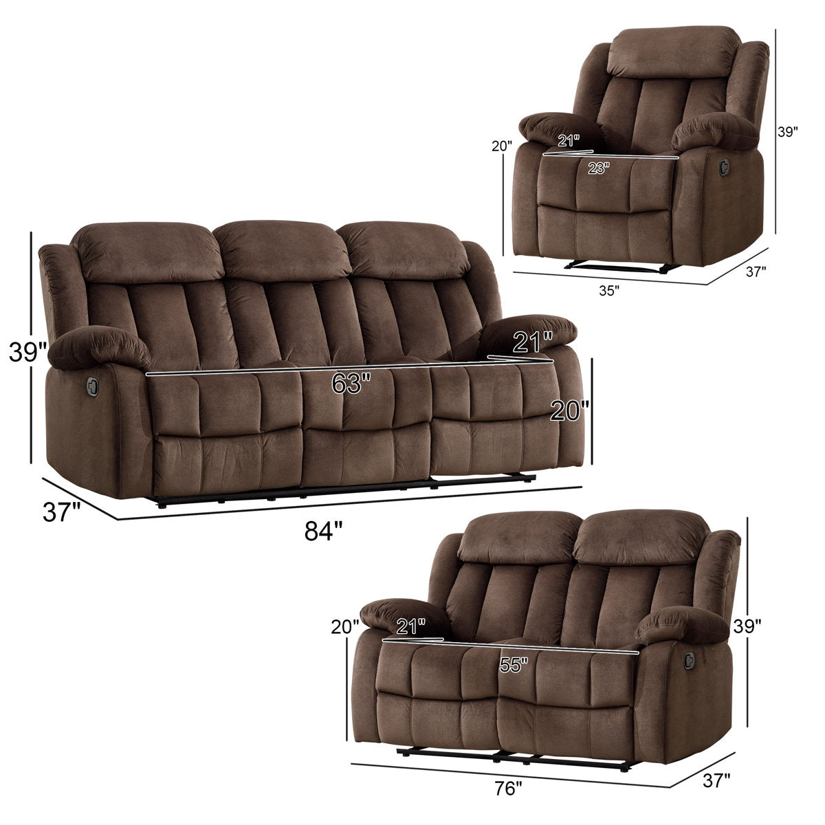 3 - Piece Modern Microfiber Upholstered Reclining Living Room Sets