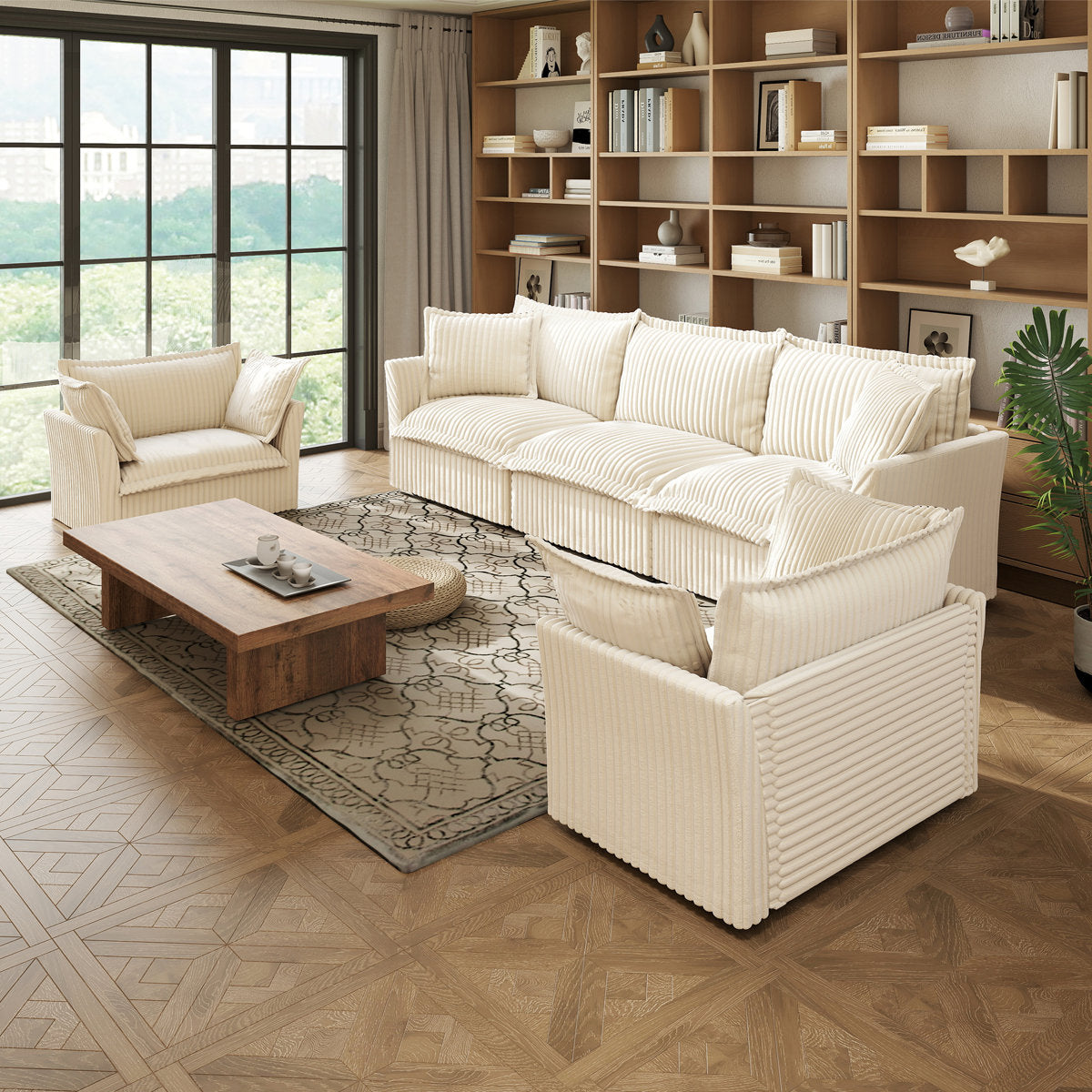 3 Piece Sofa Set, Sofa Set Include 2- Piece Of Arm Chair And One 3-seat Sofa, Space Saving Casual Sofa Set For Living Room Corduroy