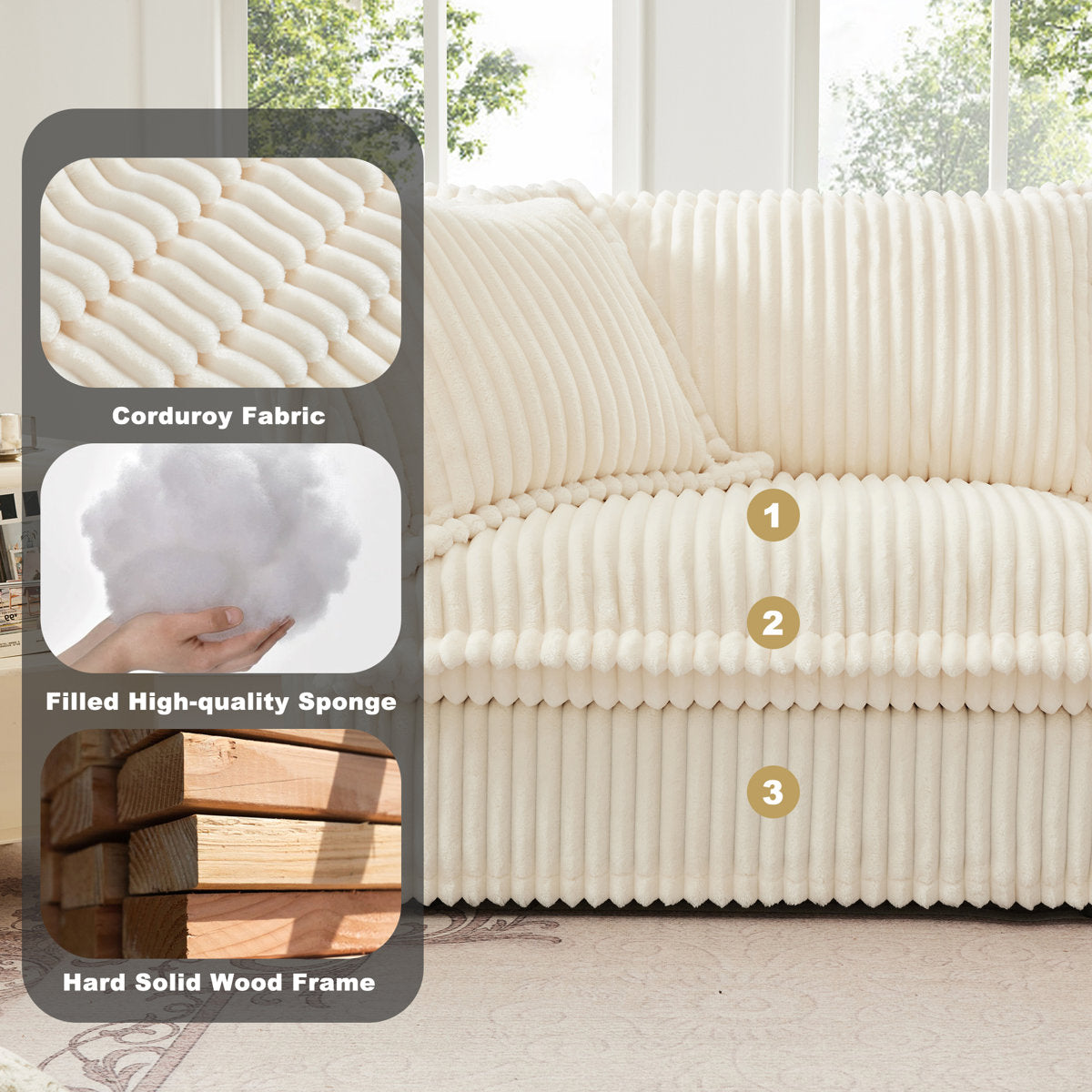 3 Piece Sofa Set, Sofa Set Include 2- Piece Of Arm Chair And One 3-seat Sofa, Space Saving Casual Sofa Set For Living Room Corduroy