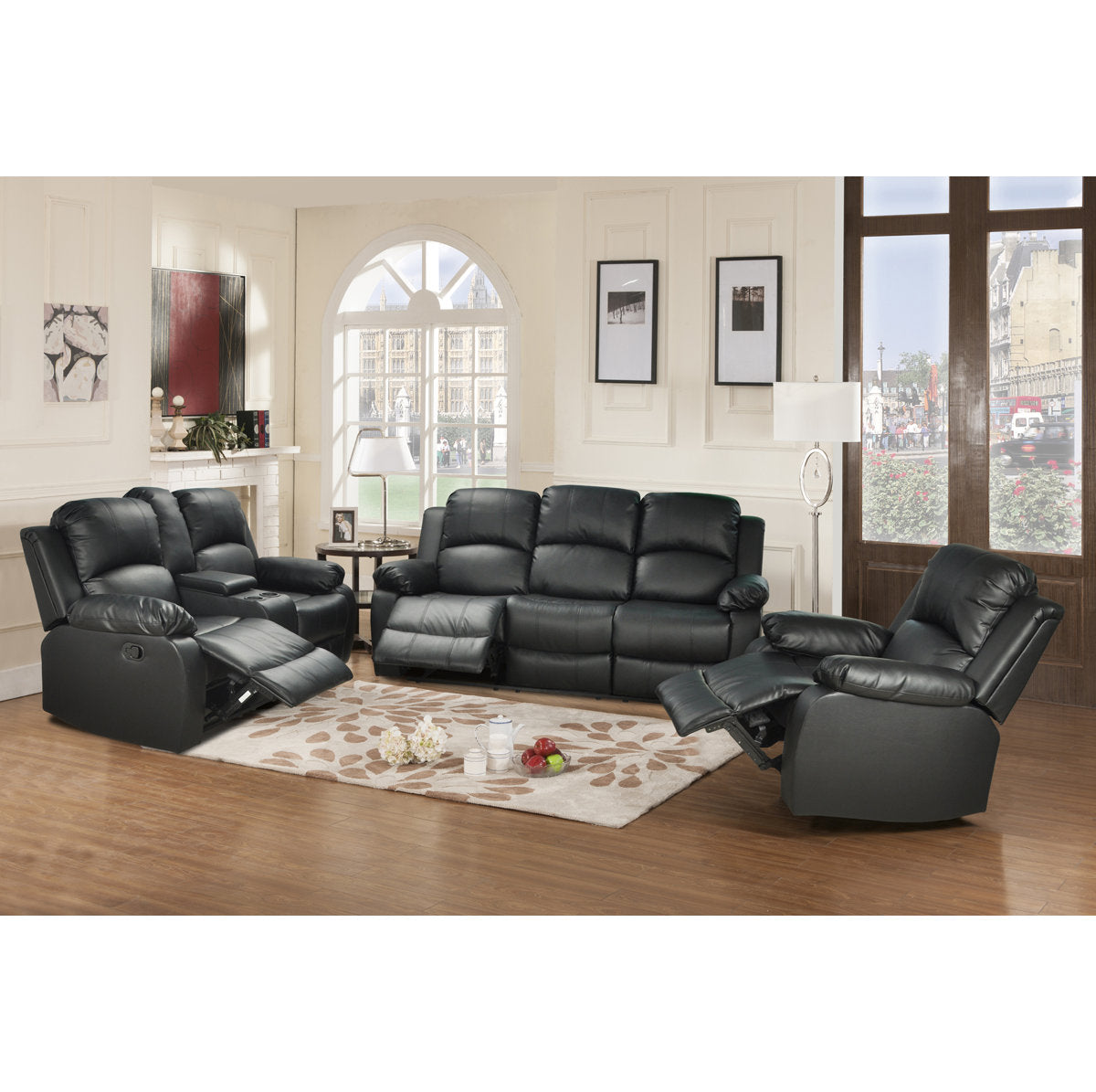 3 Piece Vegan Leather Manual Reclining Living Room Sofa Set