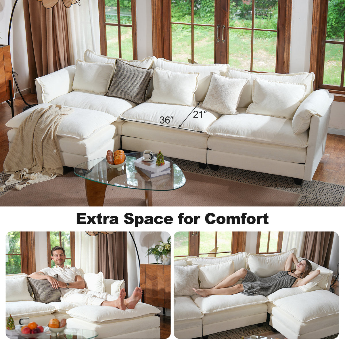 4-Piece 115'' Reversible Modern Upholstered L-Shape Sectional Sofa With Ottoman- Premium Fabric