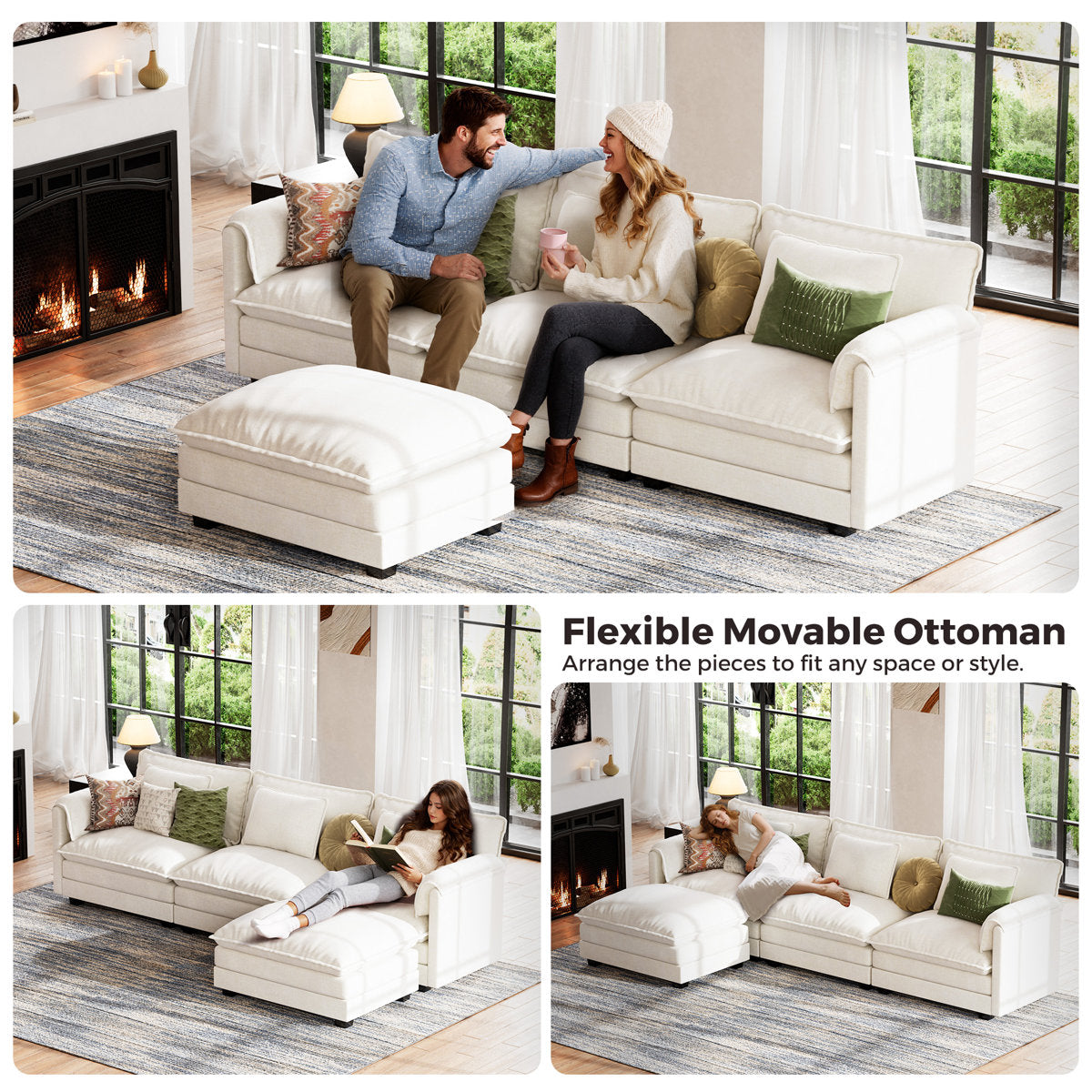 4-Piece 115'' Reversible Modern Upholstered L-Shape Sectional Sofa With Ottoman- Premium Fabric