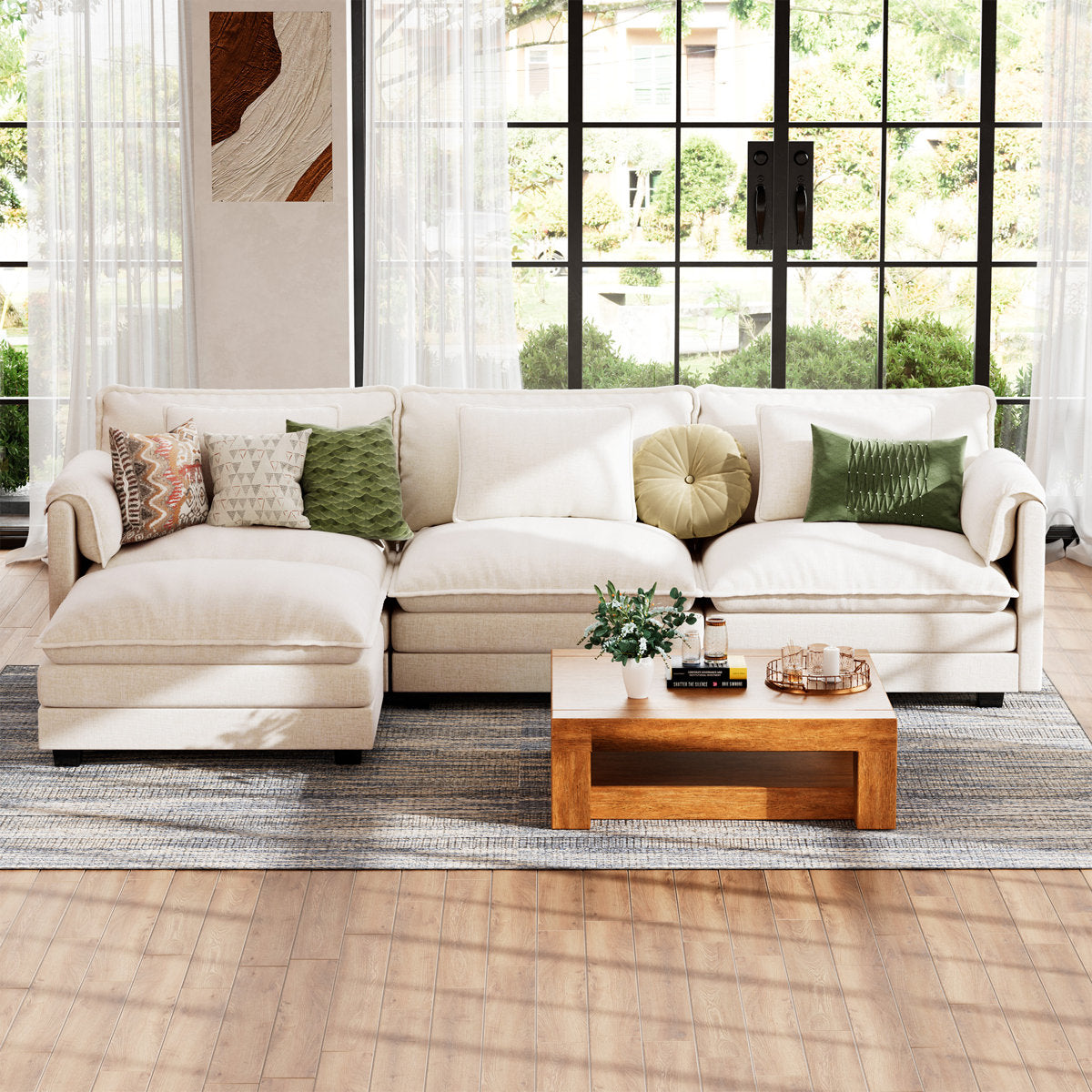 4-Piece 115'' Reversible Modern Upholstered L-Shape Sectional Sofa With Ottoman- Premium Fabric