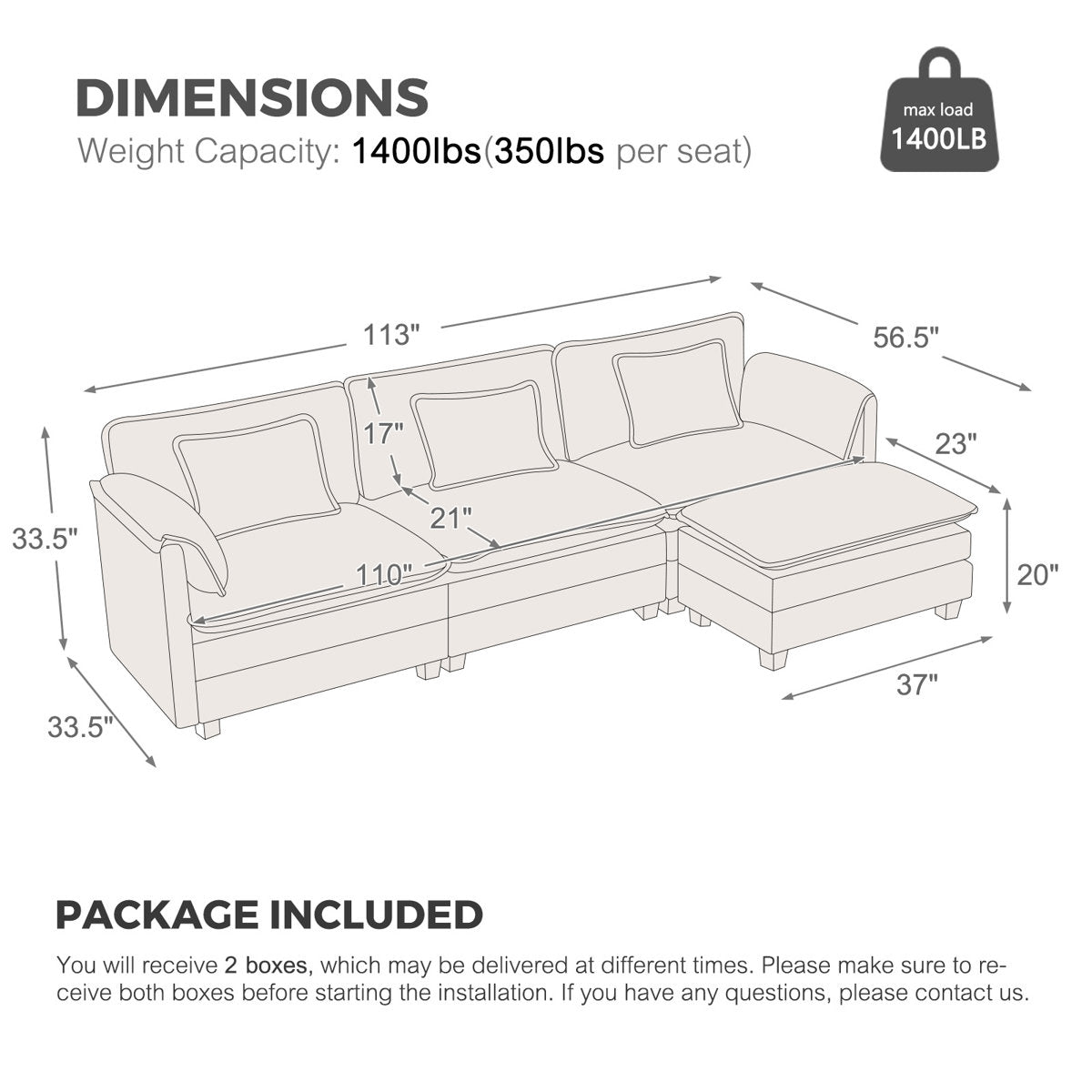 4-Piece 115'' Reversible Modern Upholstered L-Shape Sectional Sofa With Ottoman- Premium Fabric