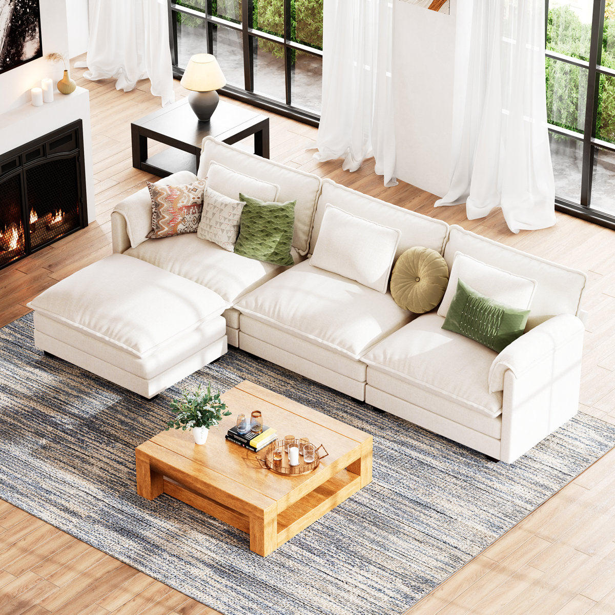 4-Piece 115'' Reversible Modern Upholstered L-Shape Sectional Sofa With Ottoman- Premium Fabric