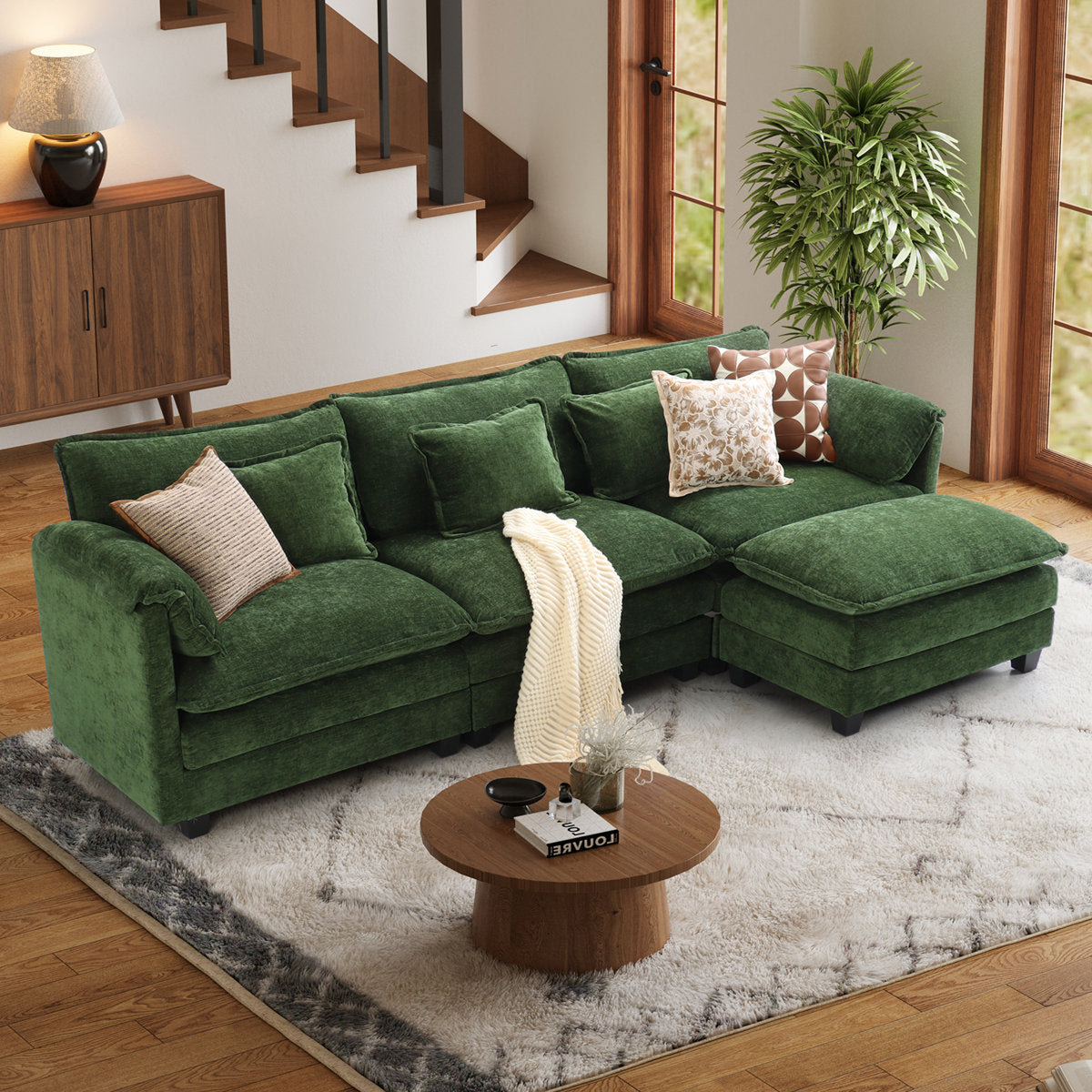 4-Piece 115'' Reversible Modern Upholstered L-Shape Sectional Sofa With Ottoman- Premium Fabric