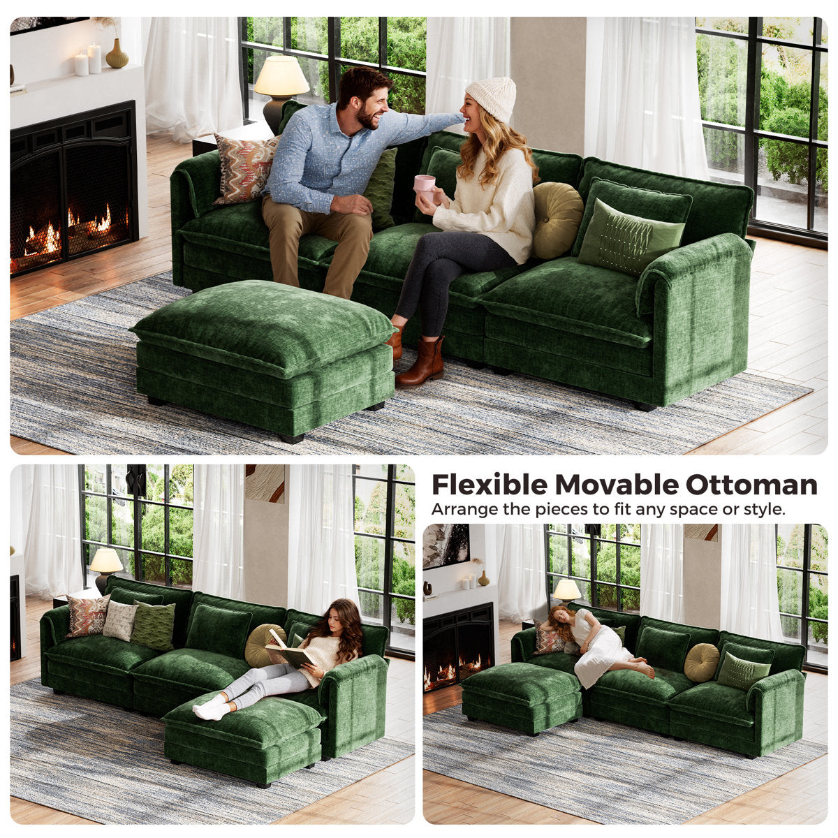 4-Piece 115'' Reversible Modern Upholstered L-Shape Sectional Sofa With Ottoman- Premium Fabric