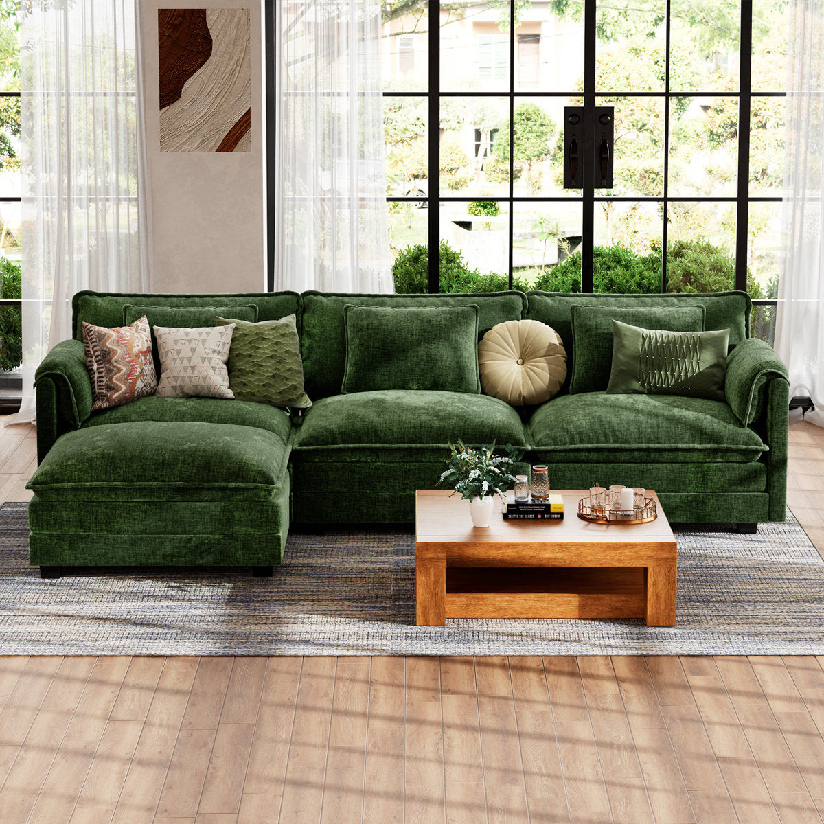 4-Piece 115'' Reversible Modern Upholstered L-Shape Sectional Sofa With Ottoman- Premium Fabric