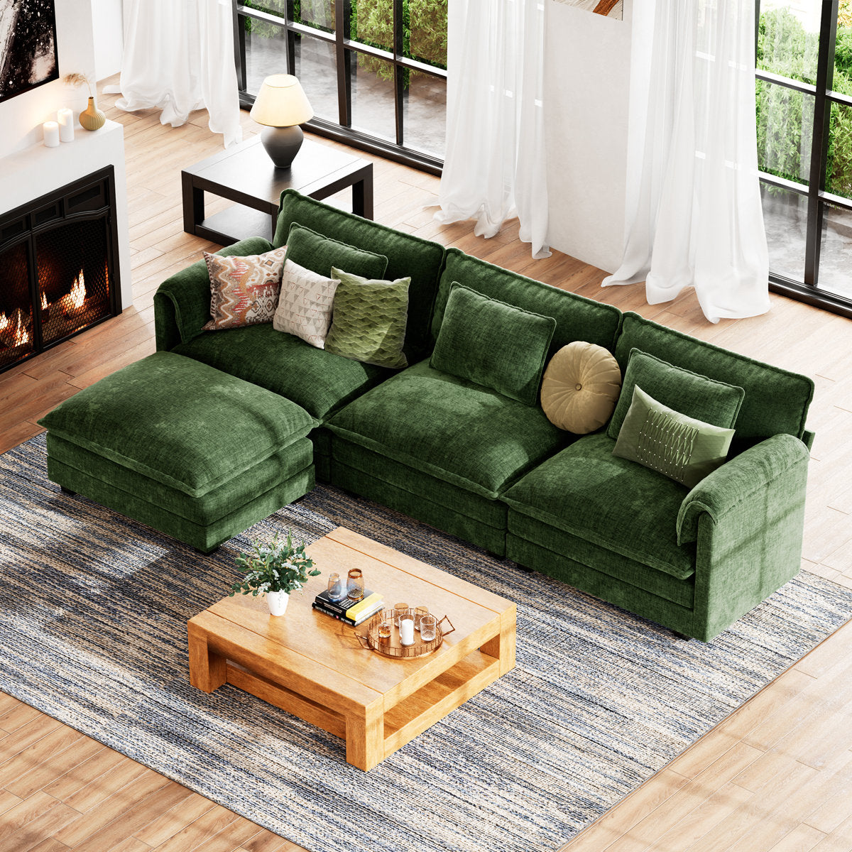 4-Piece 115'' Reversible Modern Upholstered L-Shape Sectional Sofa With Ottoman- Premium Fabric