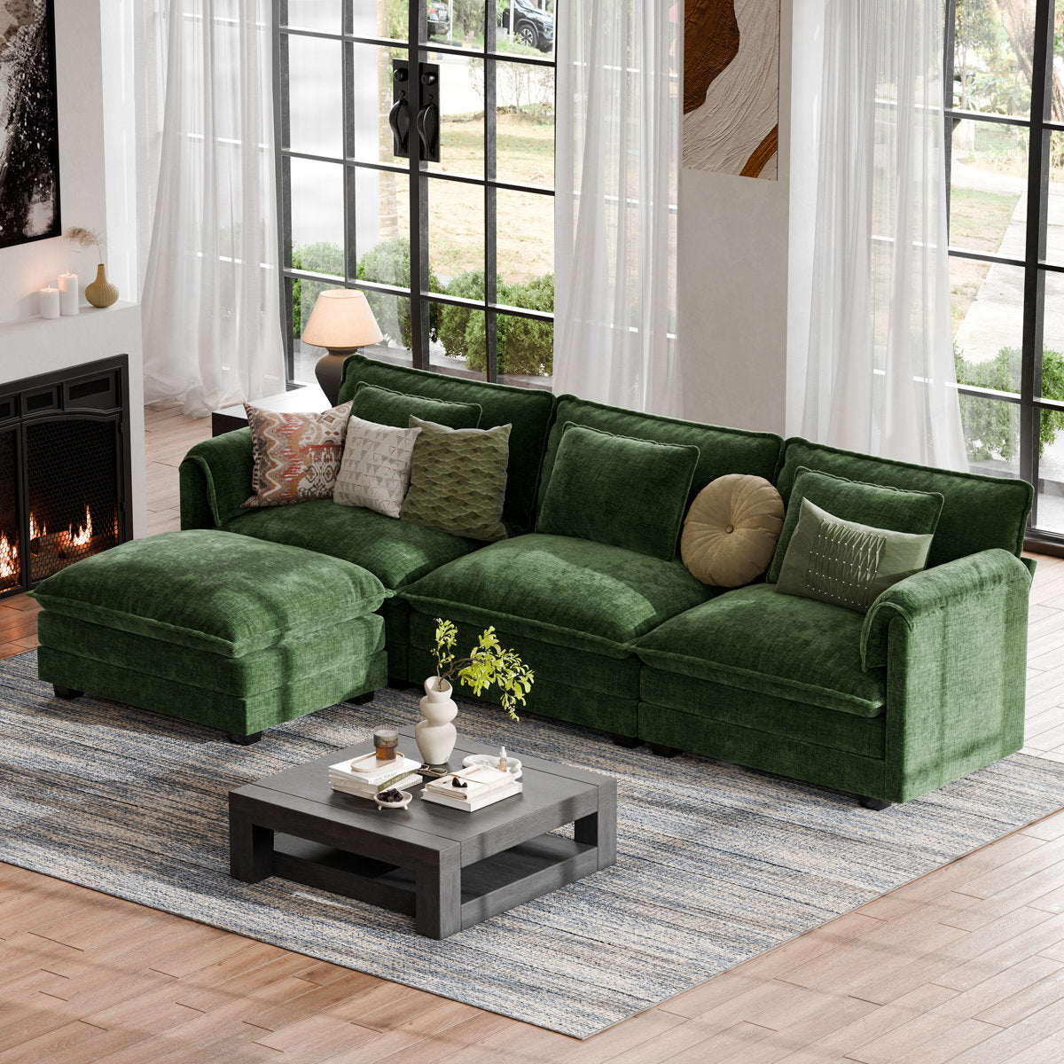 4-Piece 115'' Reversible Modern Upholstered L-Shape Sectional Sofa With Ottoman- Premium Fabric
