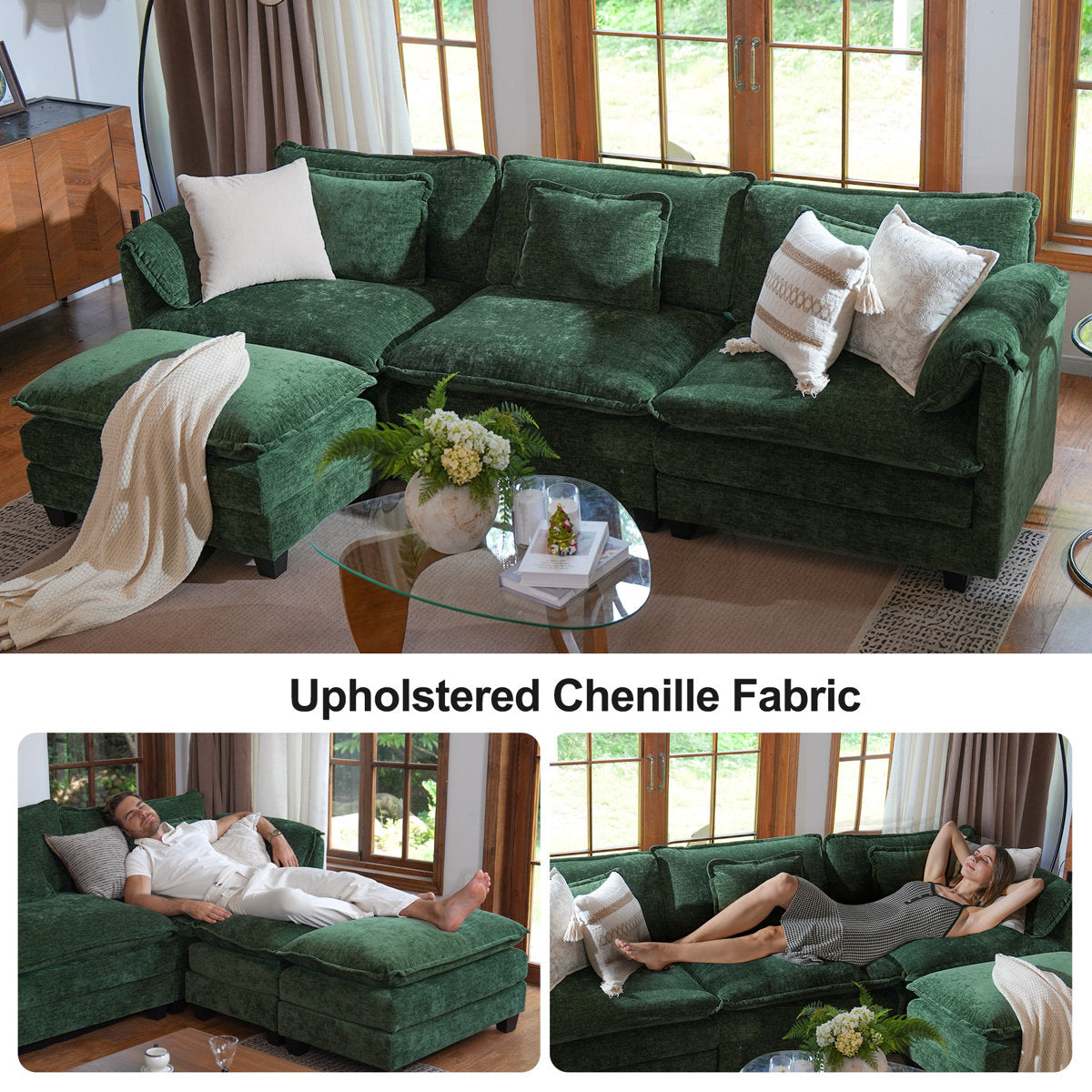 4-Piece 115'' Reversible Modern Upholstered L-Shape Sectional Sofa With Ottoman- Premium Fabric