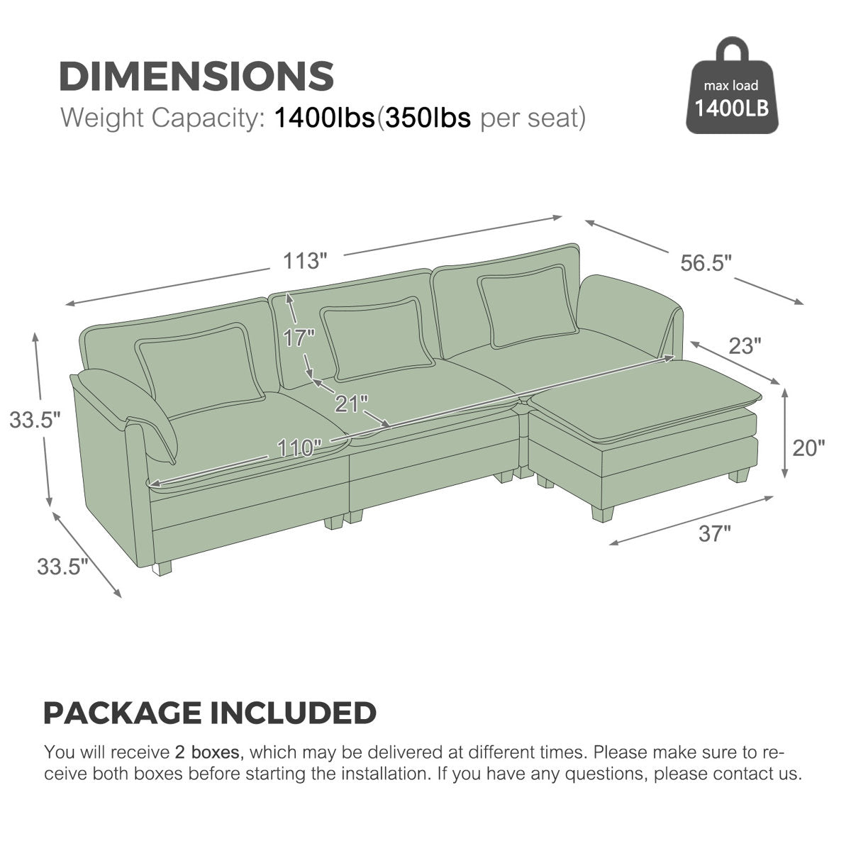 4-Piece 115'' Reversible Modern Upholstered L-Shape Sectional Sofa With Ottoman- Premium Fabric