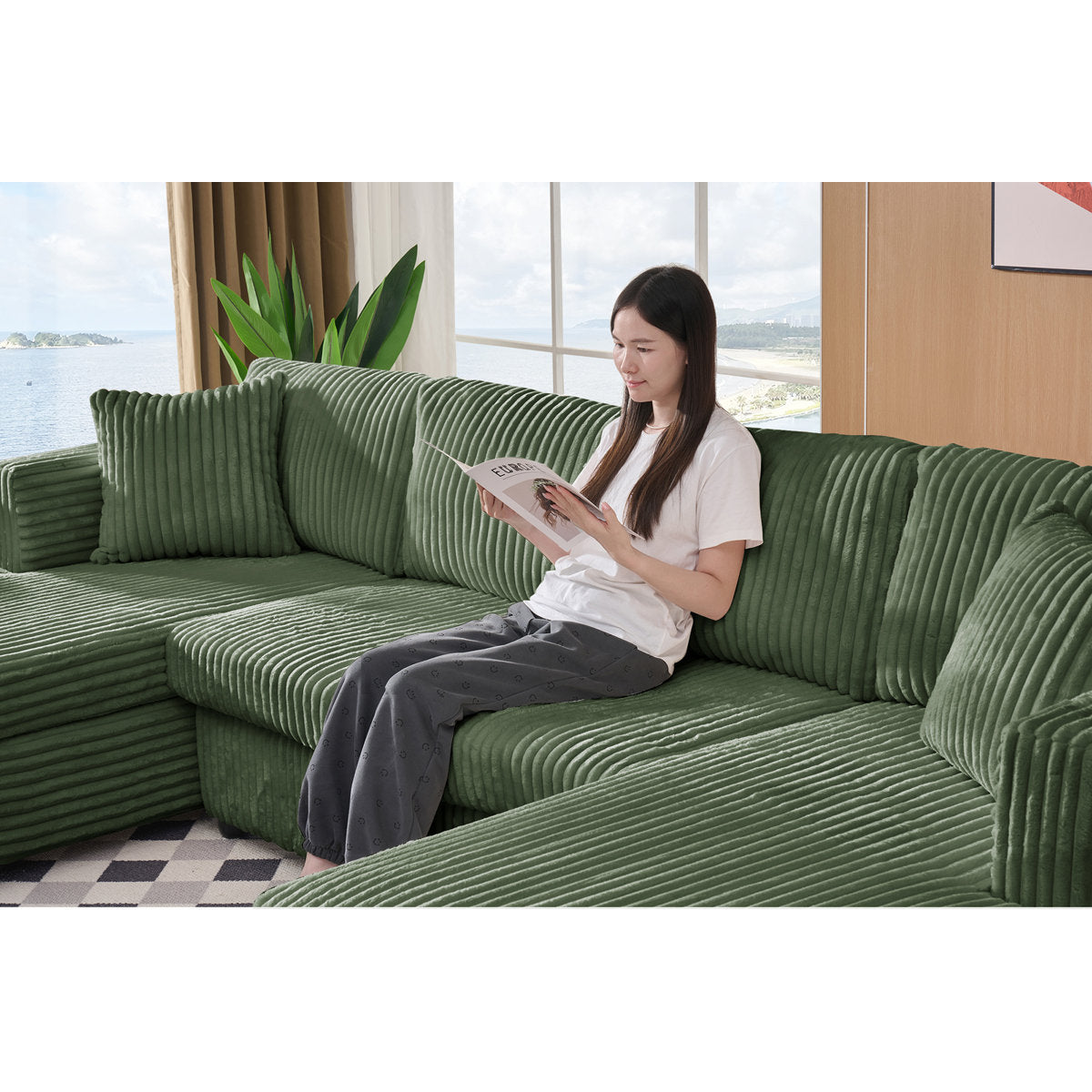 4 Seat U Sectional Couch, 110'' W Corduroy Sofa With Double Chaises