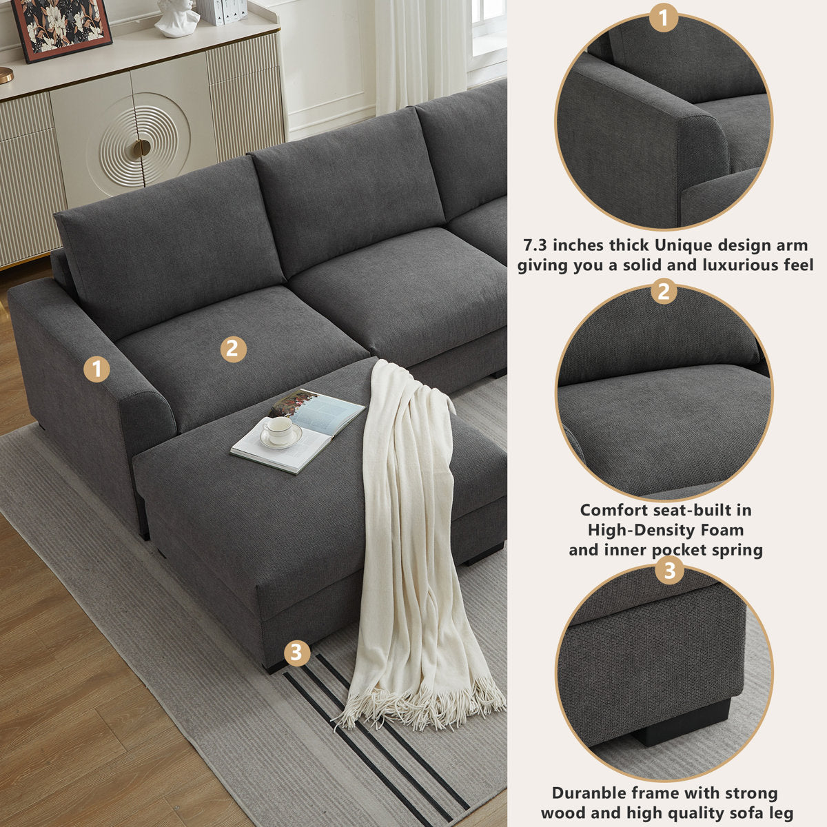 6-piece Wide Arm U shaped Upholstered Modular Sofa With Storage Ottoman