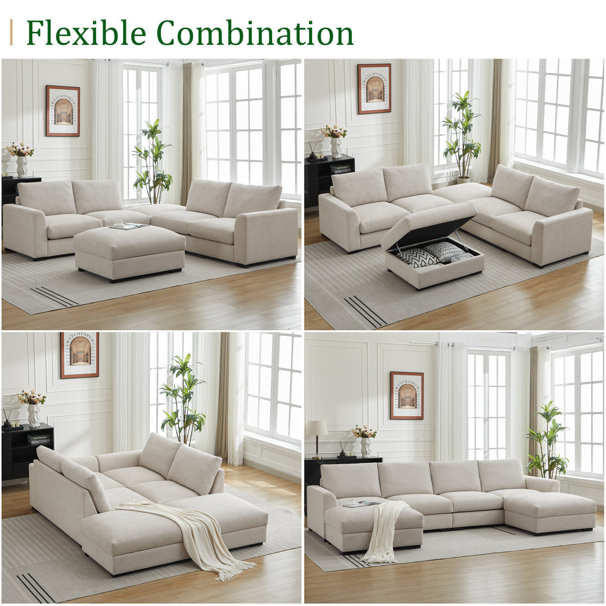 6-piece Wide Arm U shaped Upholstered Modular Sofa With Storage Ottoman