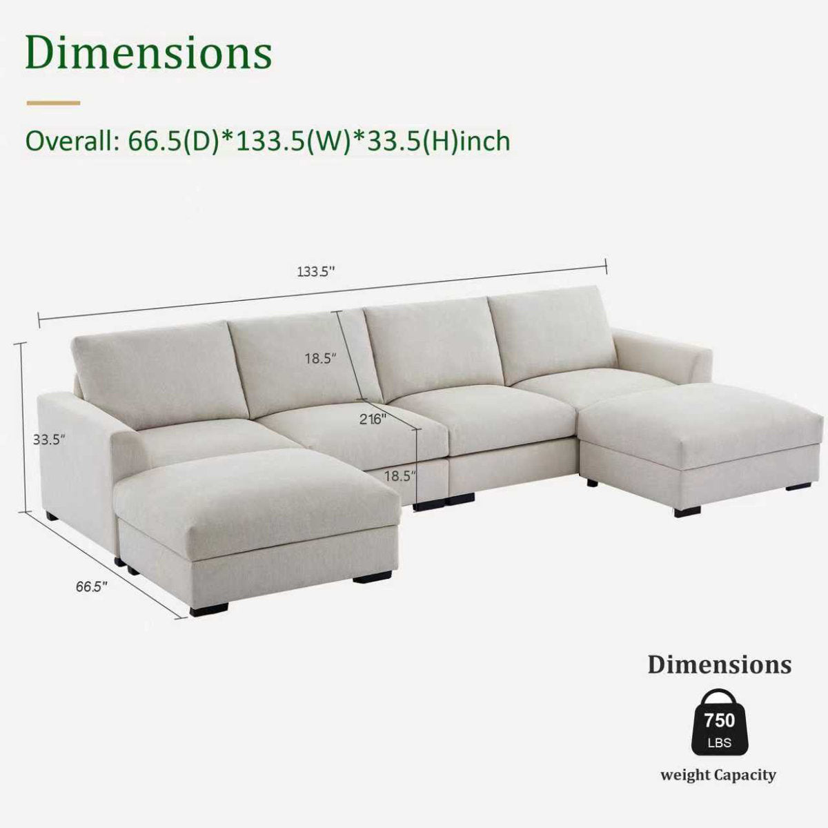 6-piece Wide Arm U shaped Upholstered Modular Sofa With Storage Ottoman