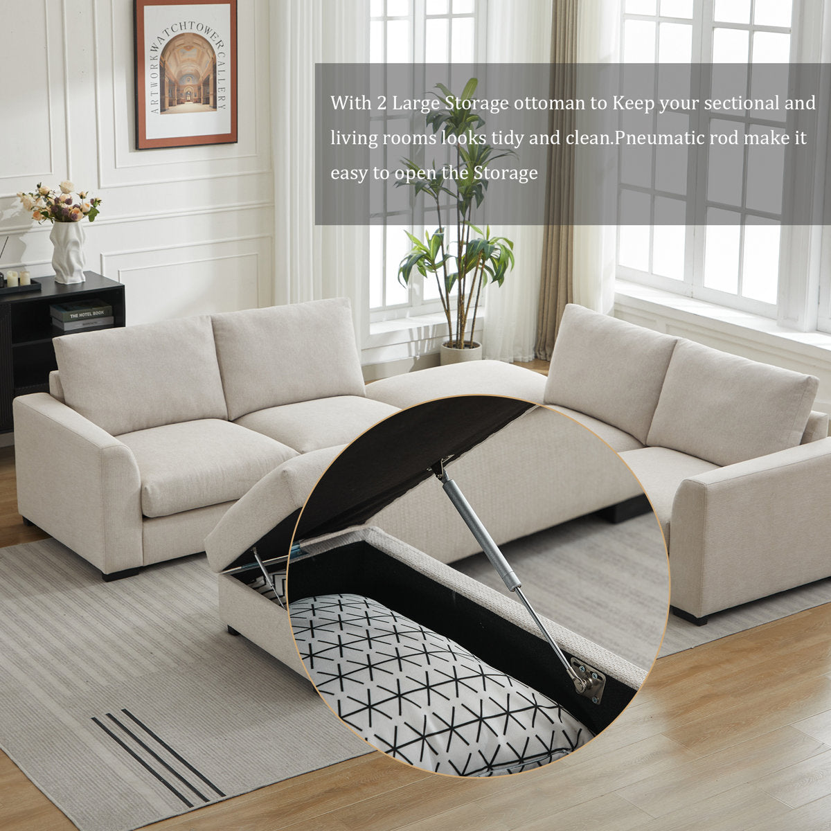 6-piece Wide Arm U shaped Upholstered Modular Sofa With Storage Ottoman