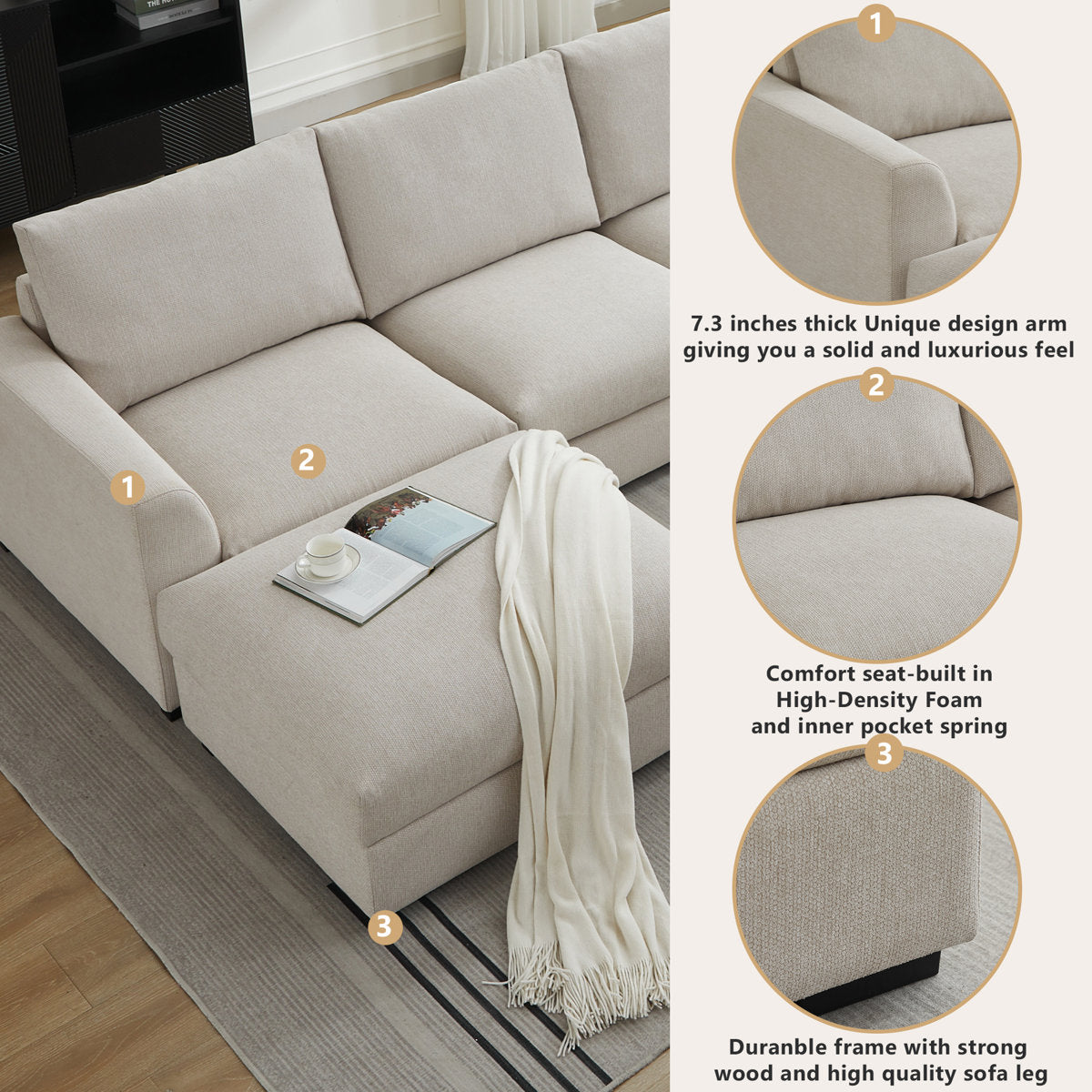 6-piece Wide Arm U shaped Upholstered Modular Sofa With Storage Ottoman