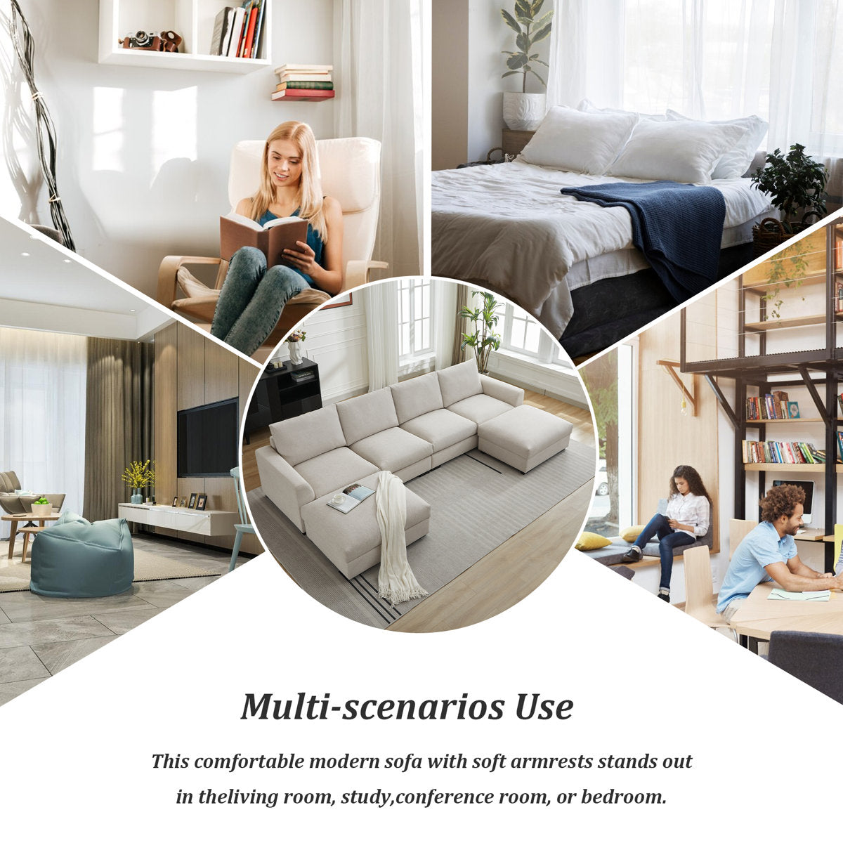 6-piece Wide Arm U shaped Upholstered Modular Sofa With Storage Ottoman