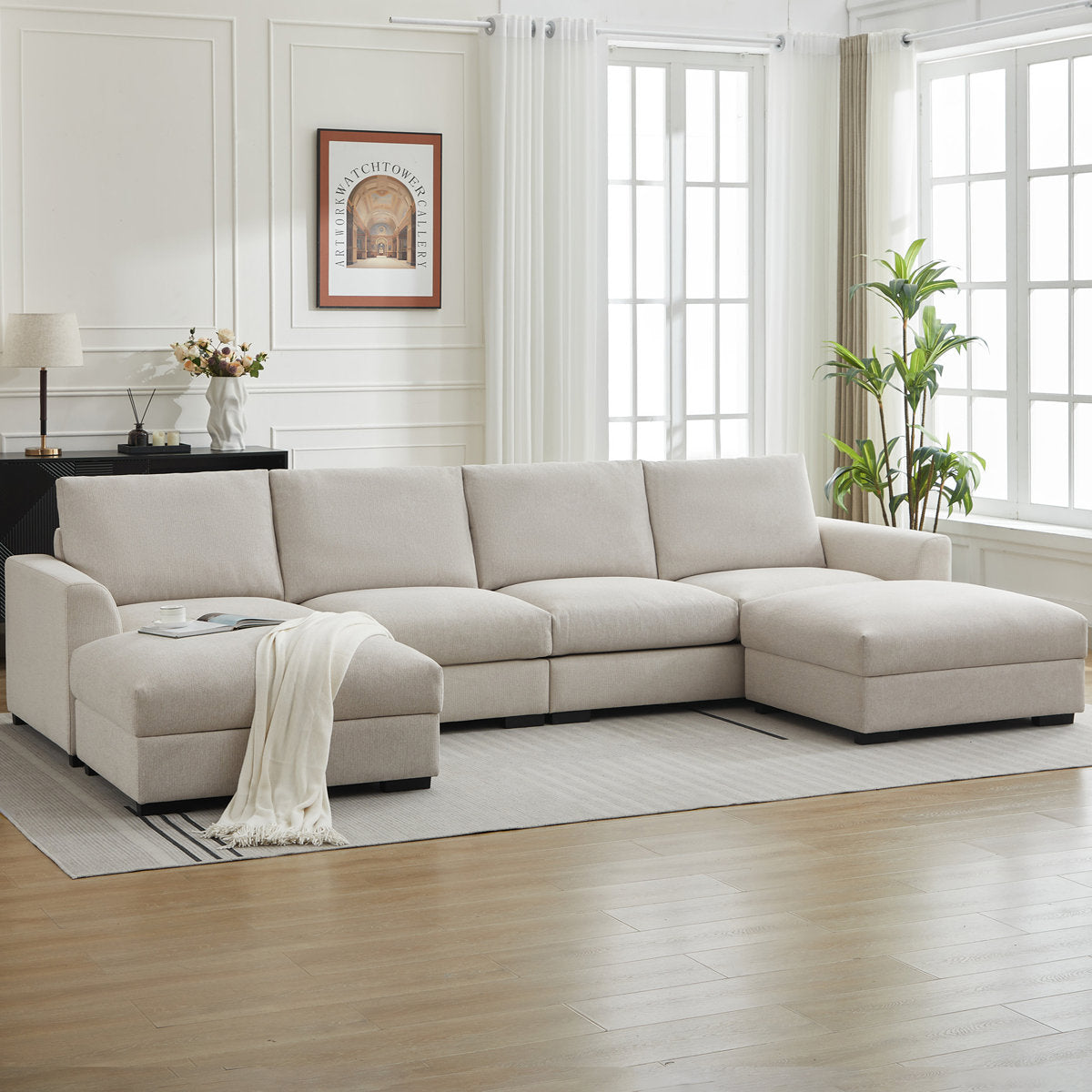 6-piece Wide Arm U shaped Upholstered Modular Sofa With Storage Ottoman